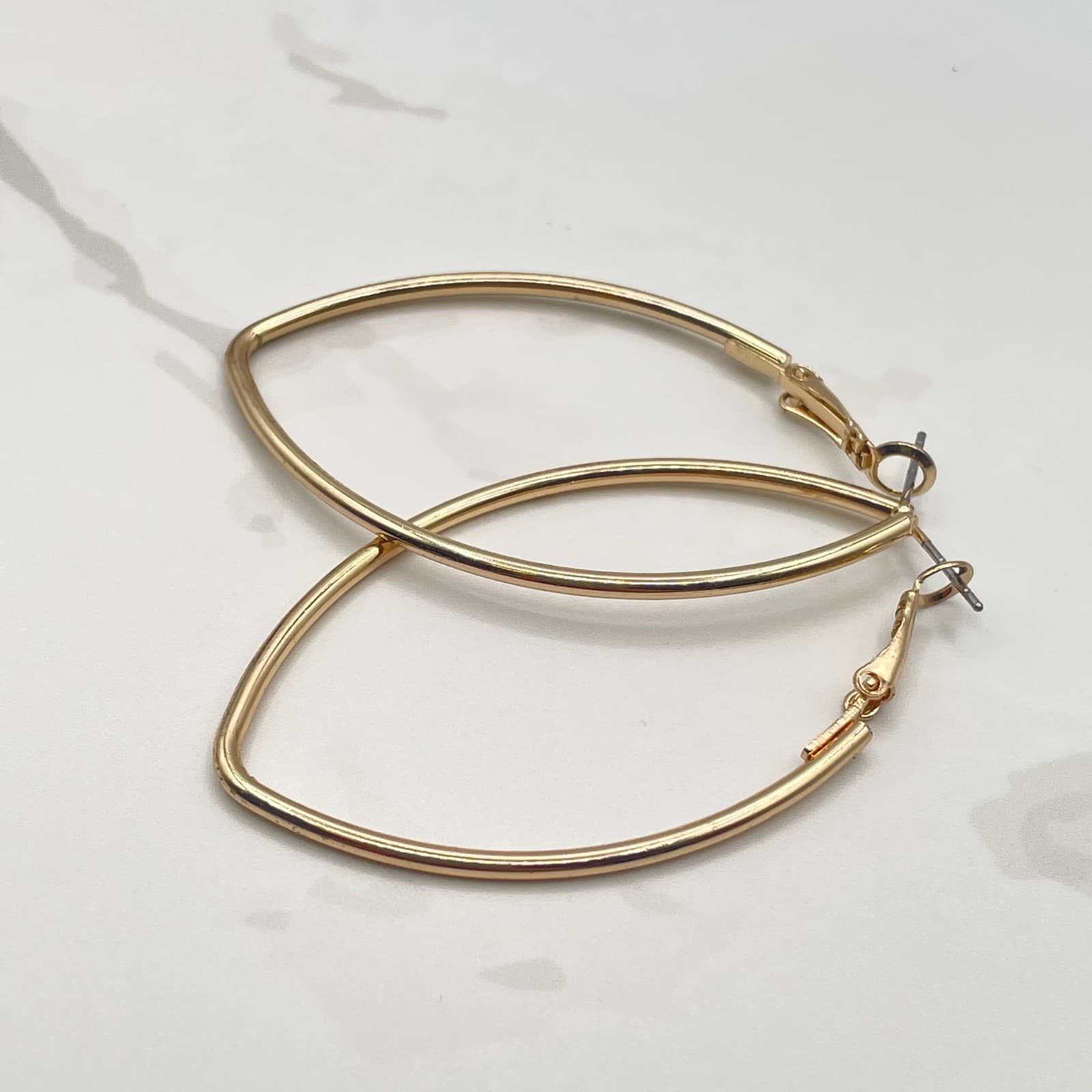 Vintage VTG Gold Tone Marquise Hoop Earrings Drop Dangle Modern Fashion Large - Thumbnail 4