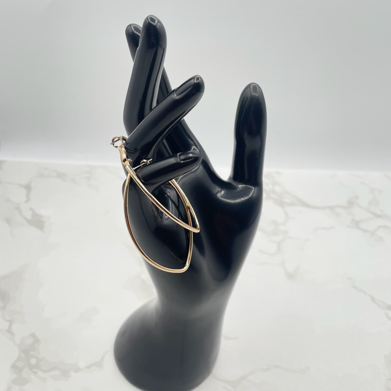 Vintage VTG Gold Tone Marquise Hoop Earrings Drop Dangle Modern Fashion Large - Image 1