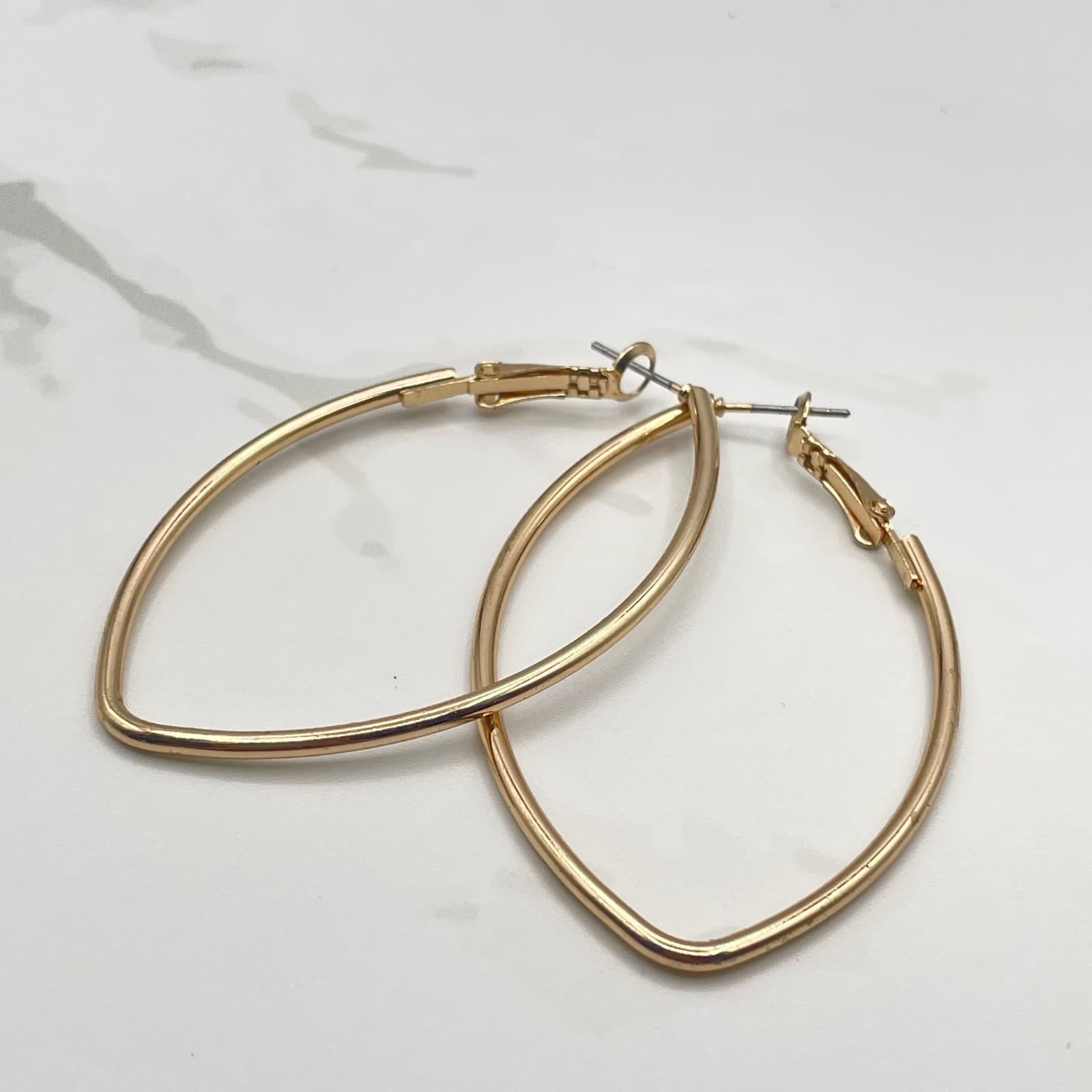Vintage VTG Gold Tone Marquise Hoop Earrings Drop Dangle Modern Fashion Large - Thumbnail 5