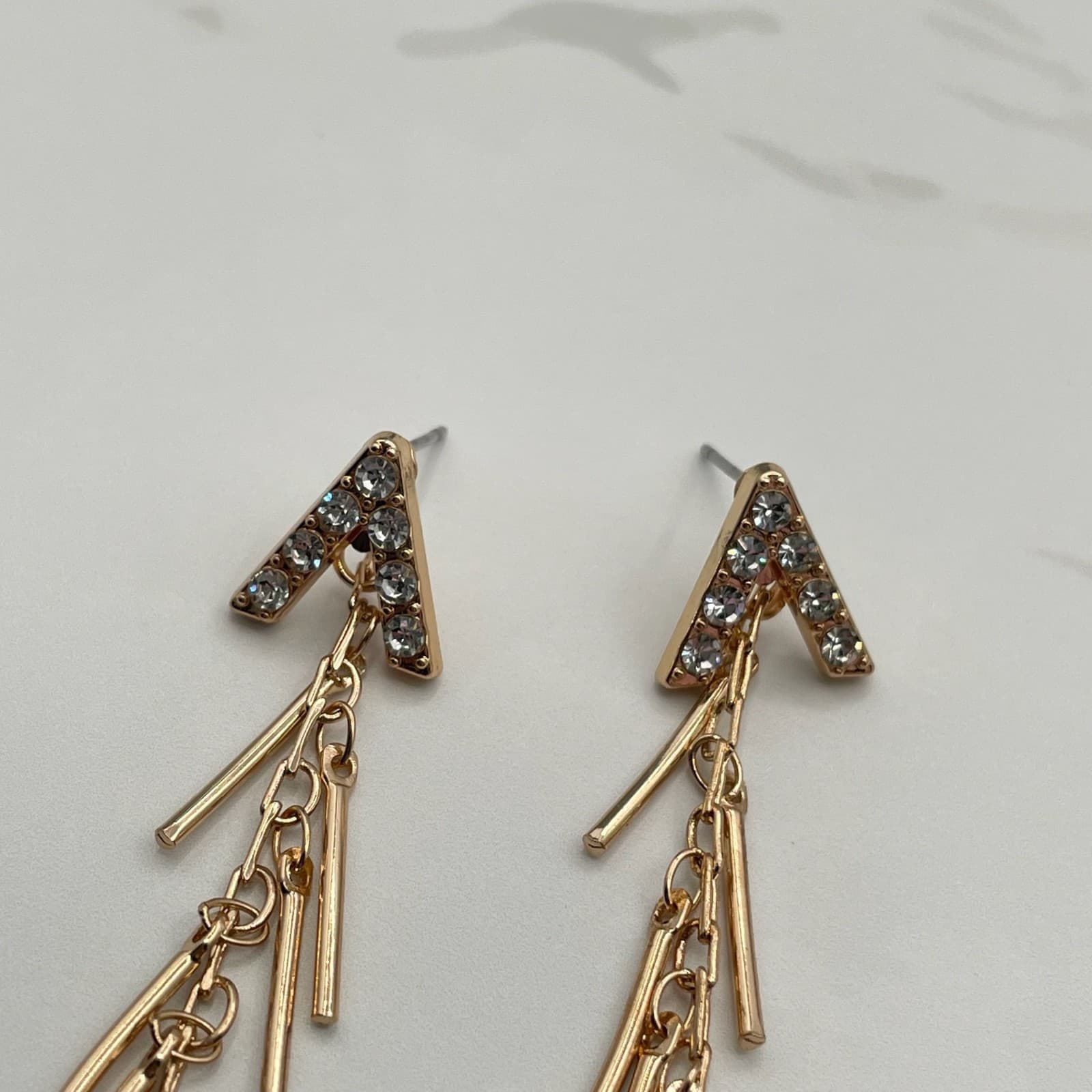 Vintage Gold-Tone Linear Landmark Fringe Post Earrings with Rhinestones Fashion - Thumbnail 4