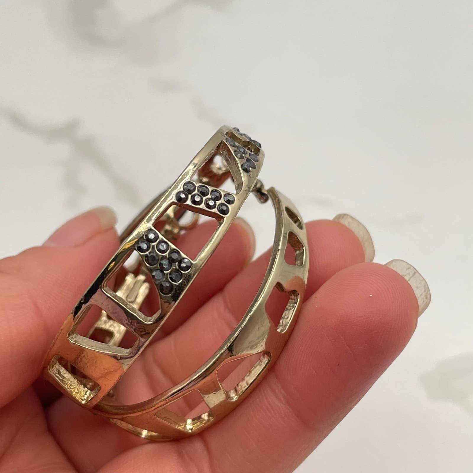 Vintage Gold-Tone Fashion Statement Cutout Hoop Earrings Black Crystal Accents - Thumbnail 10