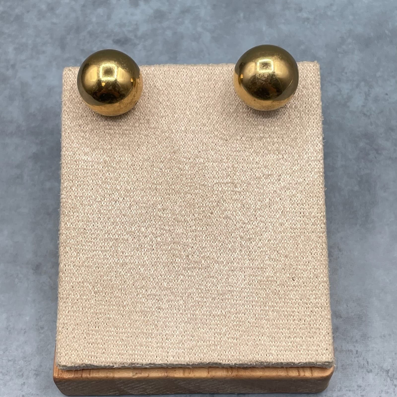 Vintage Large Gold Tone Ball Stud Earrings Shiny Sphere Post Back Style - Image 1