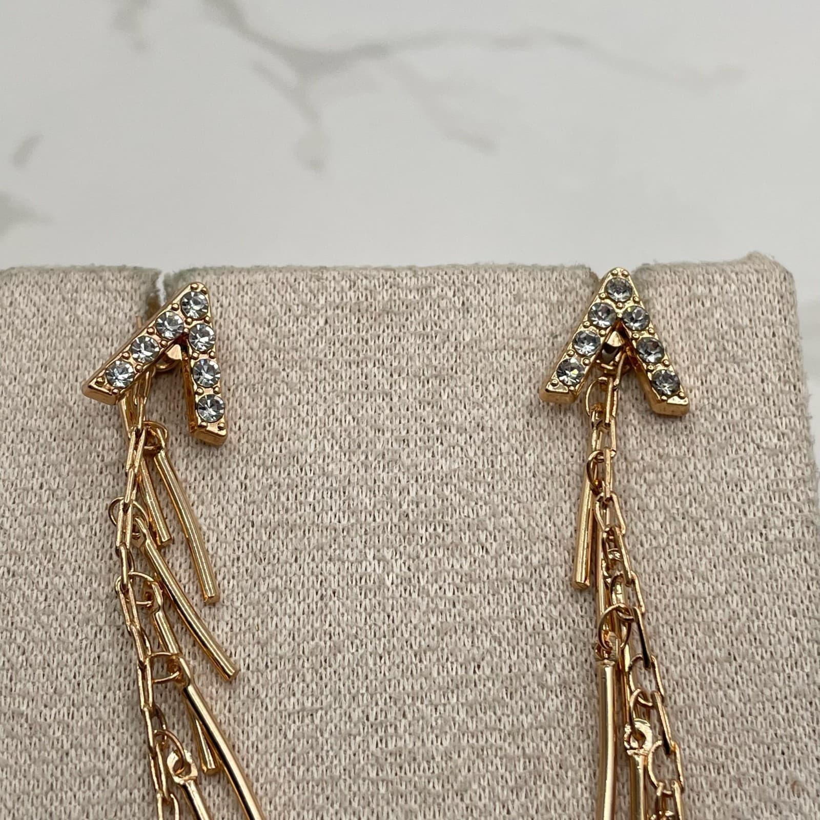 Vintage Gold-Tone Linear Landmark Fringe Post Earrings with Rhinestones Fashion - Thumbnail 6