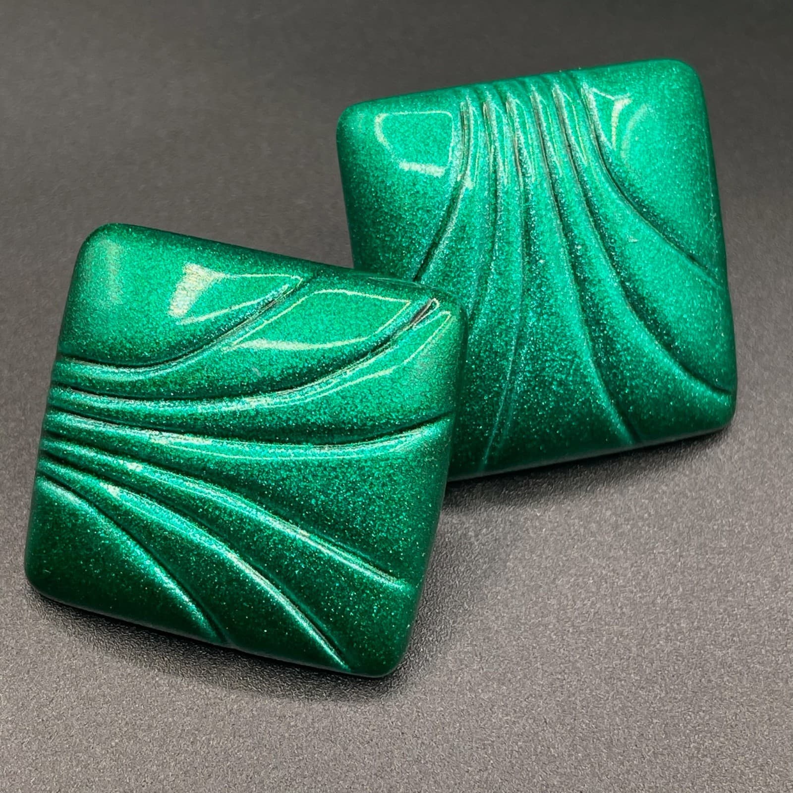 Vintage Square Green Metallic Clip-On Earrings Butterfly Back - Thumbnail 3