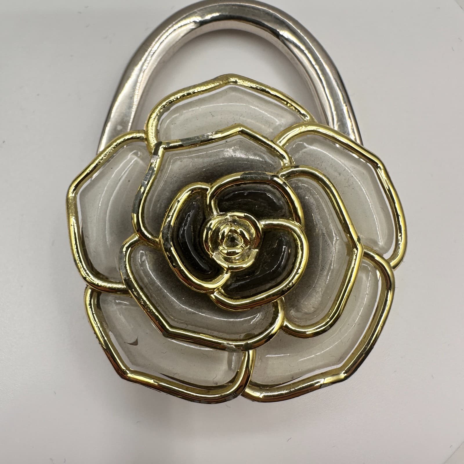 Vintage 90s Rose Purse Hook Silver Tone White & Gold Enamel Floral Bag Hanger - Thumbnail 2