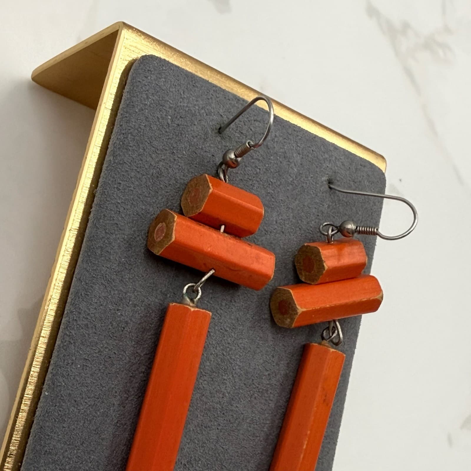 Vintage Miniature Upcycled Wooden Orange Coloring Pencils Dangle Hook Earrings - Thumbnail 4