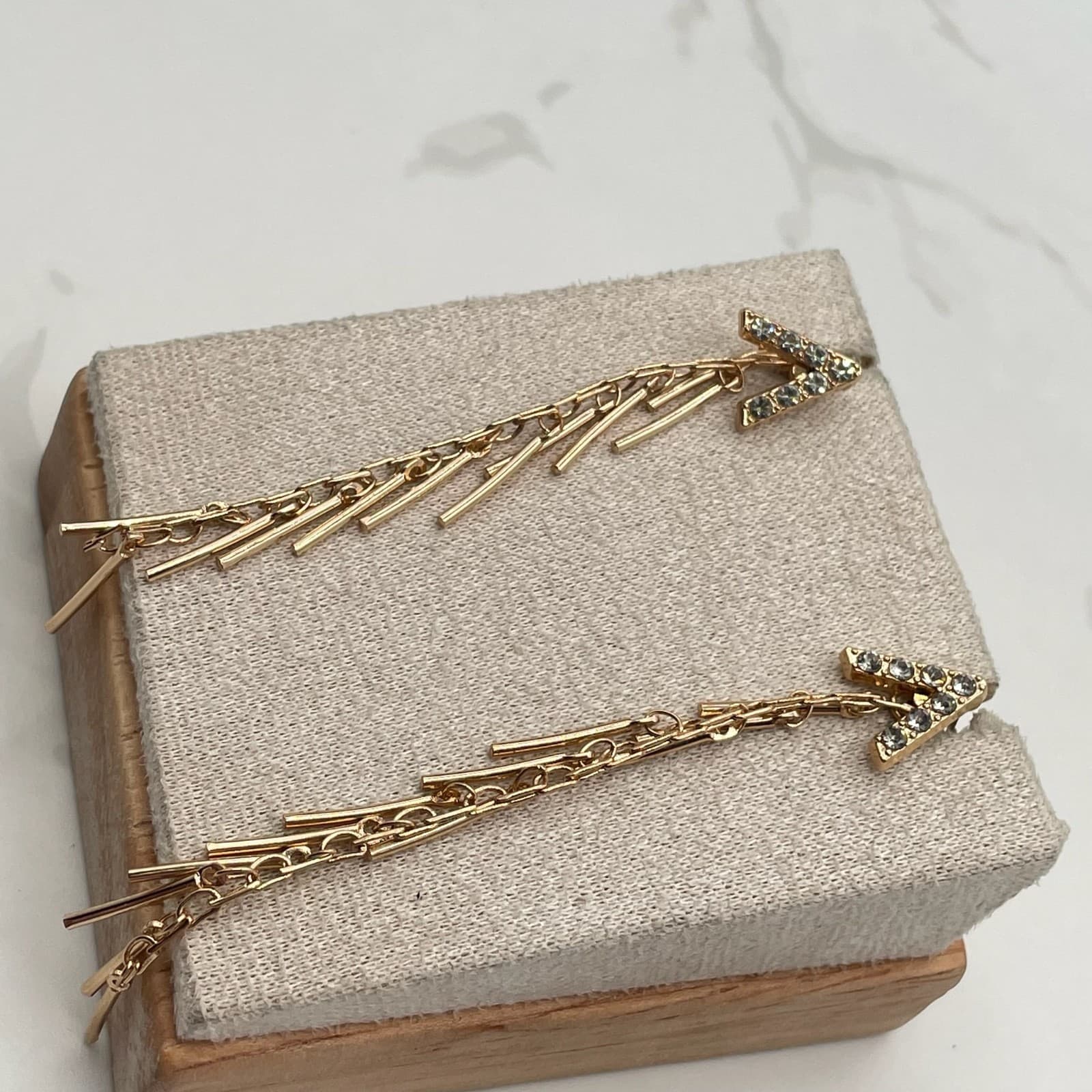 Vintage Gold-Tone Linear Landmark Fringe Post Earrings with Rhinestones Fashion - Thumbnail 7