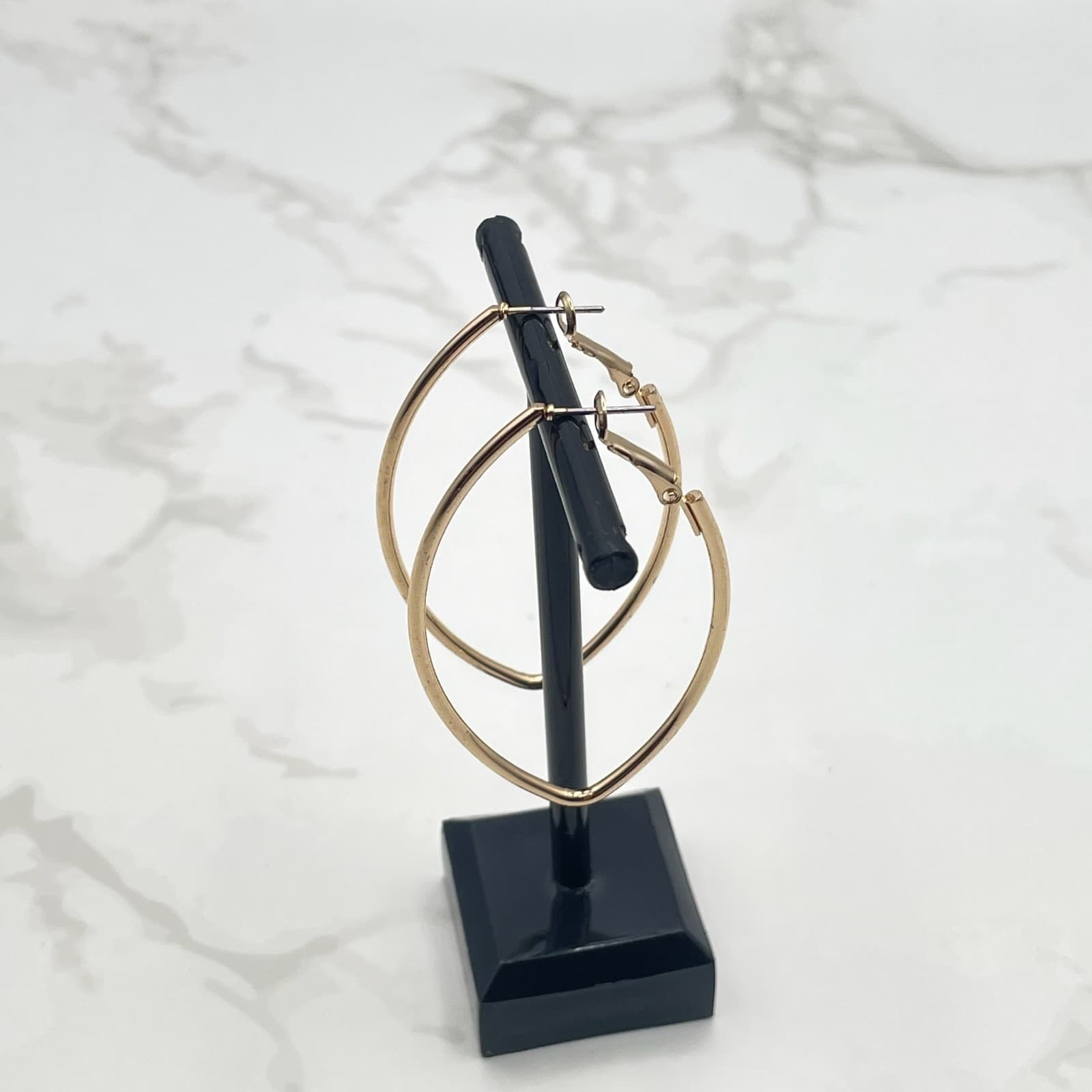 Vintage VTG Gold Tone Marquise Hoop Earrings Drop Dangle Modern Fashion Large - Thumbnail 8