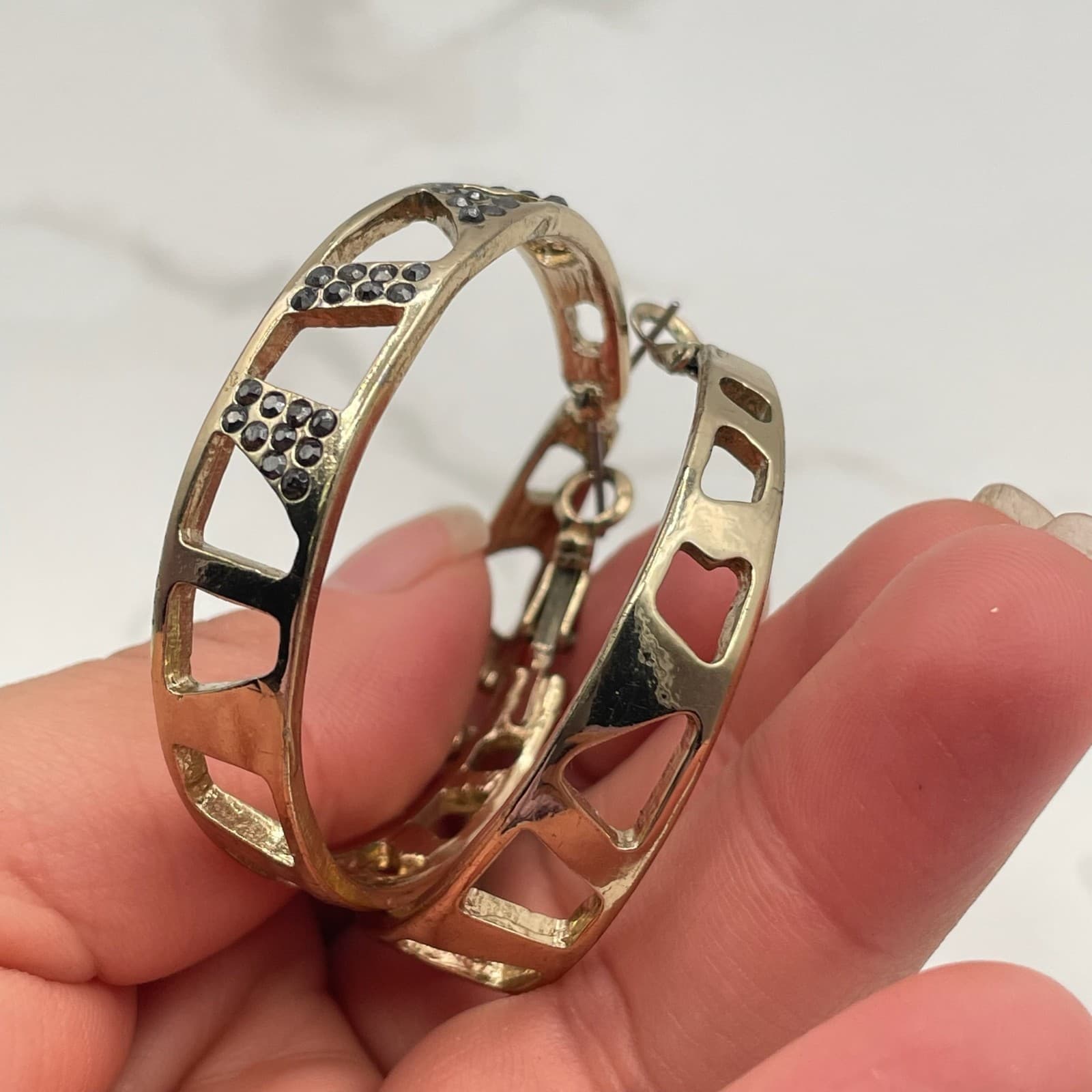 Vintage Gold-Tone Fashion Statement Cutout Hoop Earrings Black Crystal Accents - Thumbnail 11