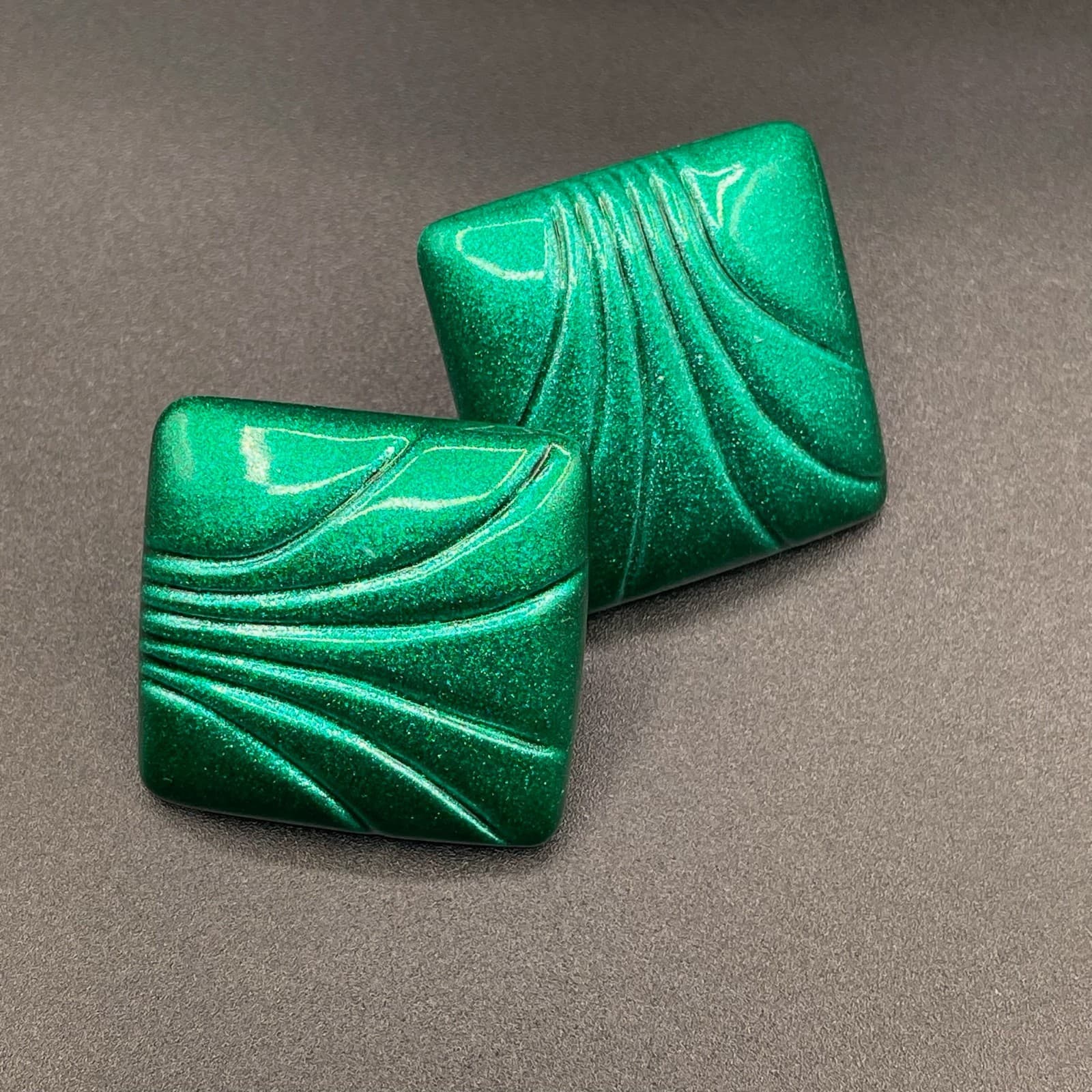 Vintage Square Green Metallic Clip-On Earrings Butterfly Back - Thumbnail 2