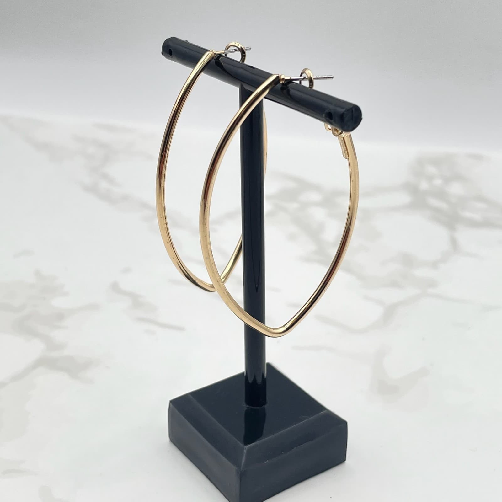 Vintage VTG Gold Tone Marquise Hoop Earrings Drop Dangle Modern Fashion Large - Thumbnail 7