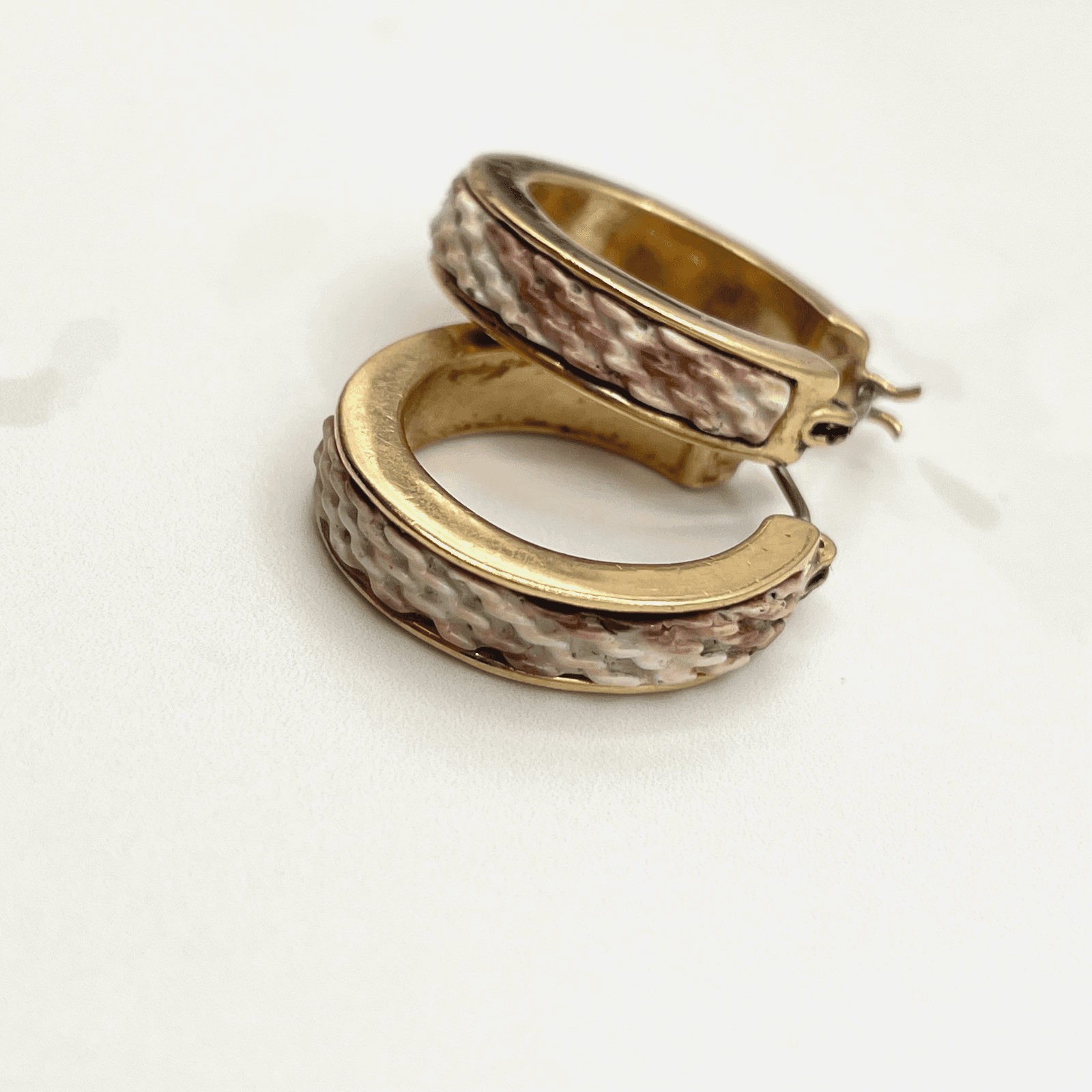 Vintage Gold-Tone Hoop Earrings with Woven-Style Enamel Detail Snap Closure - Image 1