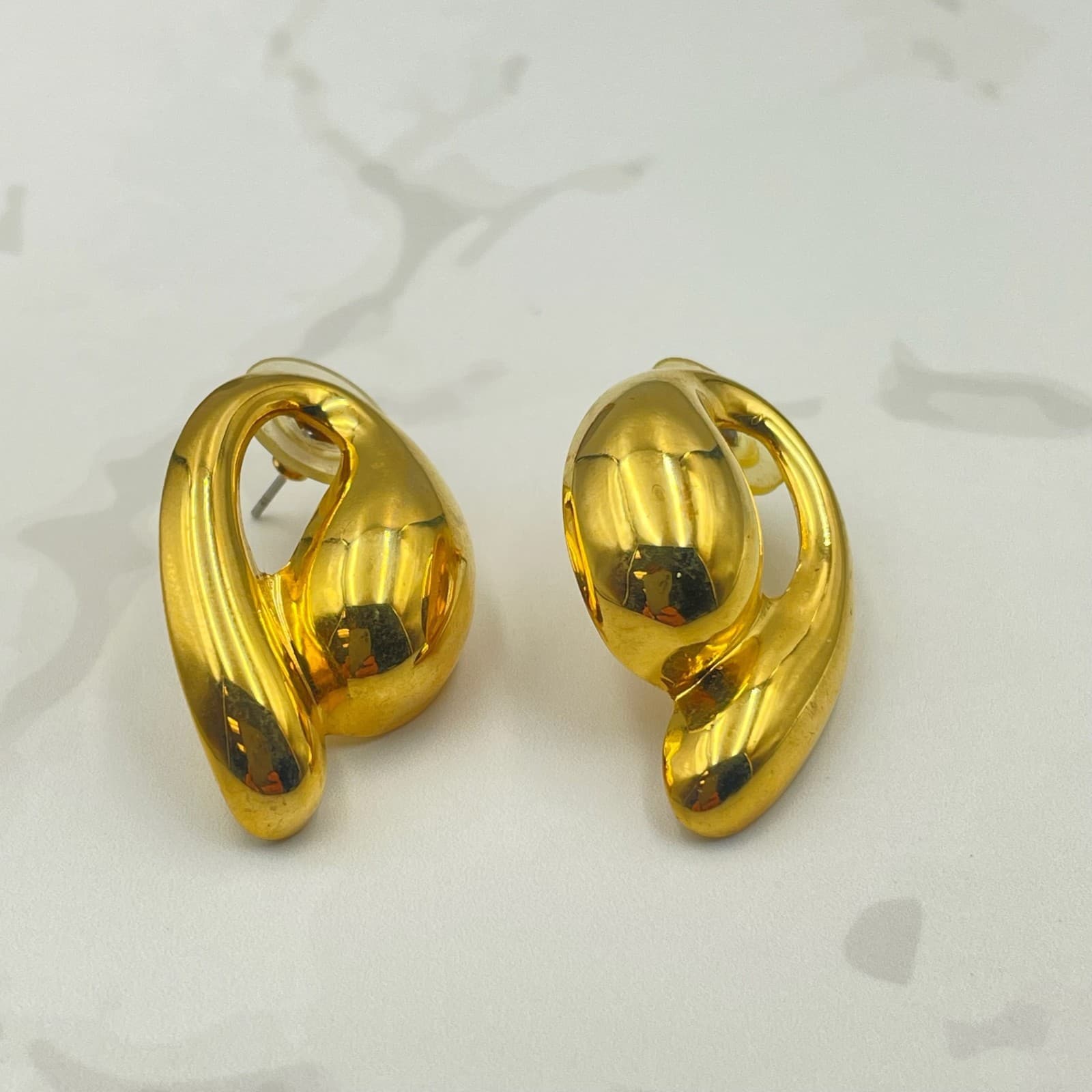 Vintage VTG Gold Tone Abstract Post Earrings Modernist Sculptural Statement - Thumbnail 5