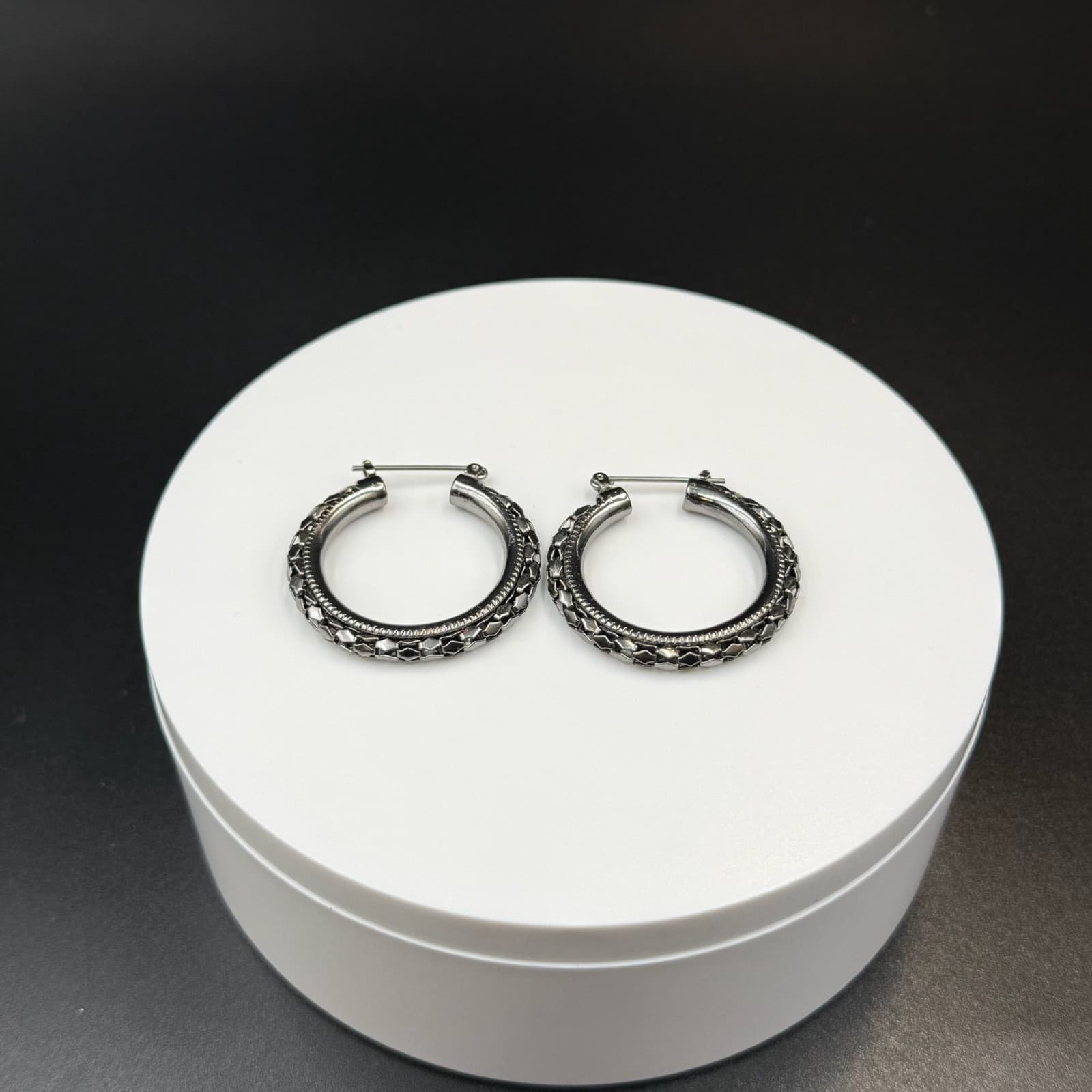 Vintage Etched Pattern Silver-Toned Fashion Collectible Huggie Hoop Earrings - Image 1