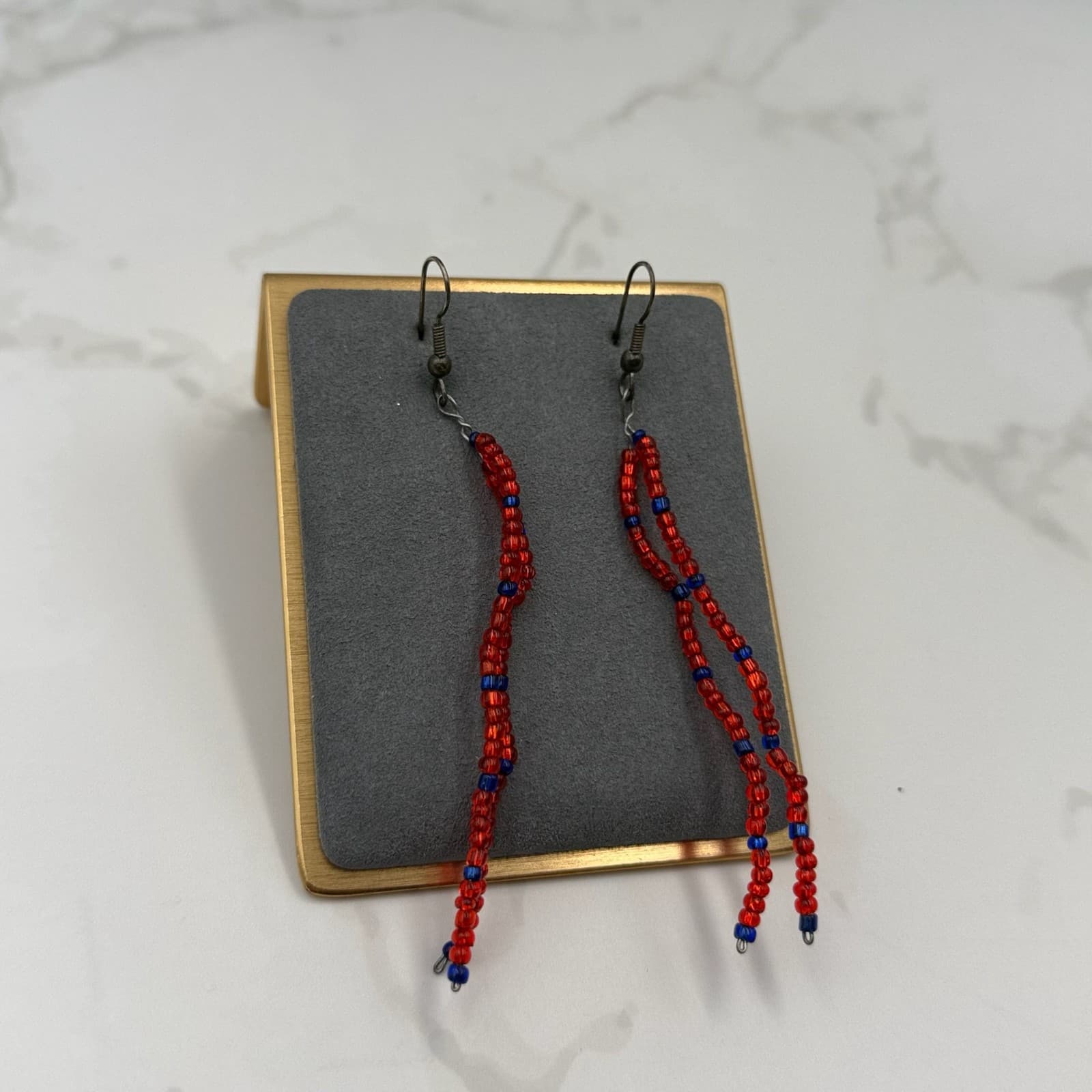 Vintage Womens Red Blue Seed Long Beaded Fashion Jewelry Dangle Earrings - Image 1