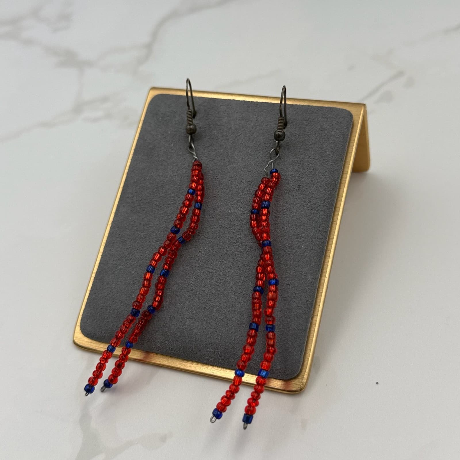 Vintage Womens Red Blue Seed Long Beaded Fashion Jewelry Dangle Earrings - Thumbnail 5