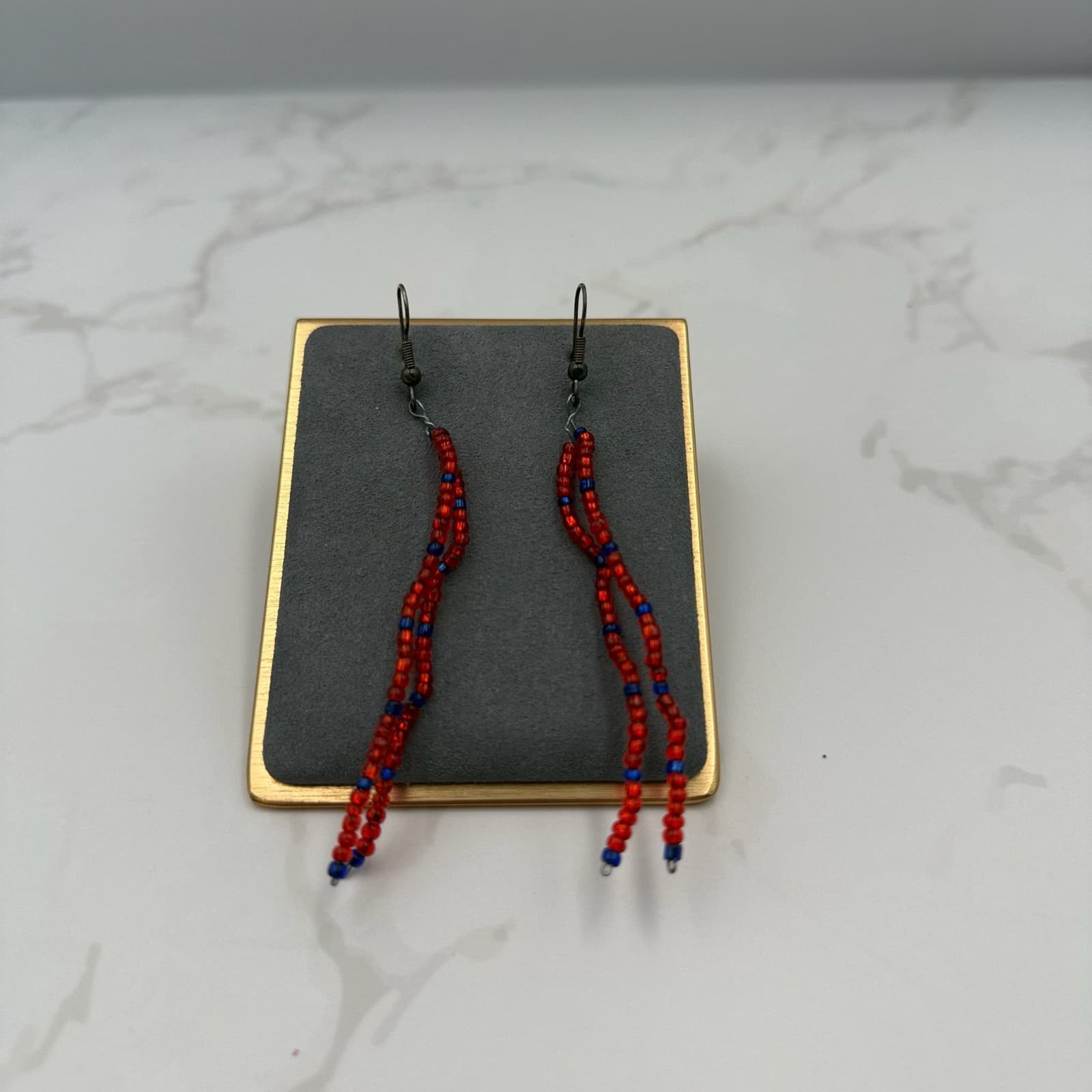 Vintage Womens Red Blue Seed Long Beaded Fashion Jewelry Dangle Earrings - Thumbnail 3