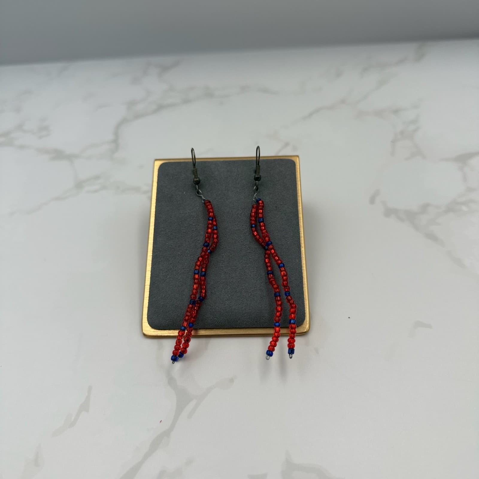 Vintage Womens Red Blue Seed Long Beaded Fashion Jewelry Dangle Earrings - Thumbnail 4