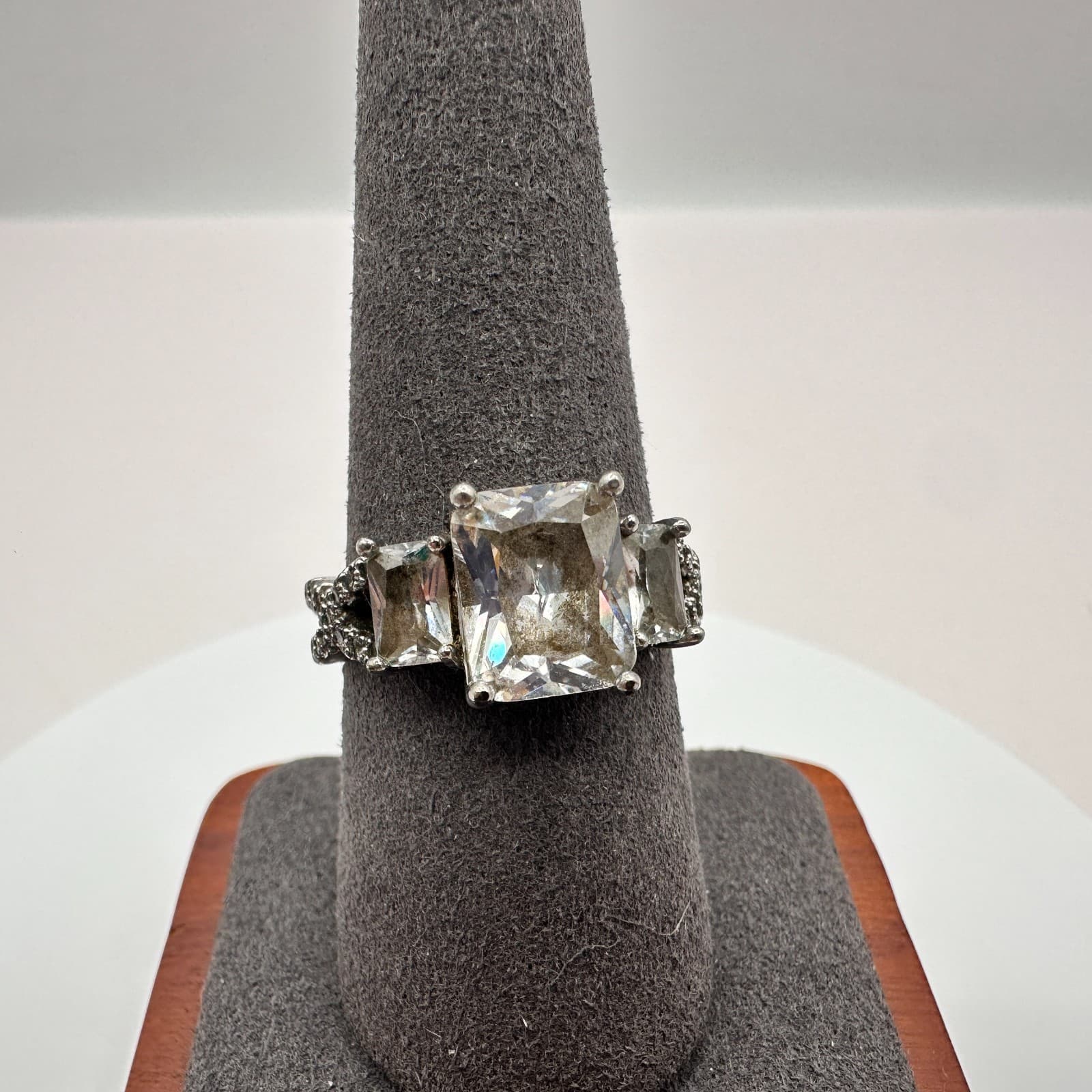 Vintage 90s Silver Tone Rdiant Cut Cubic Zirconia Statement Ring Classic Jewelry - Image 1