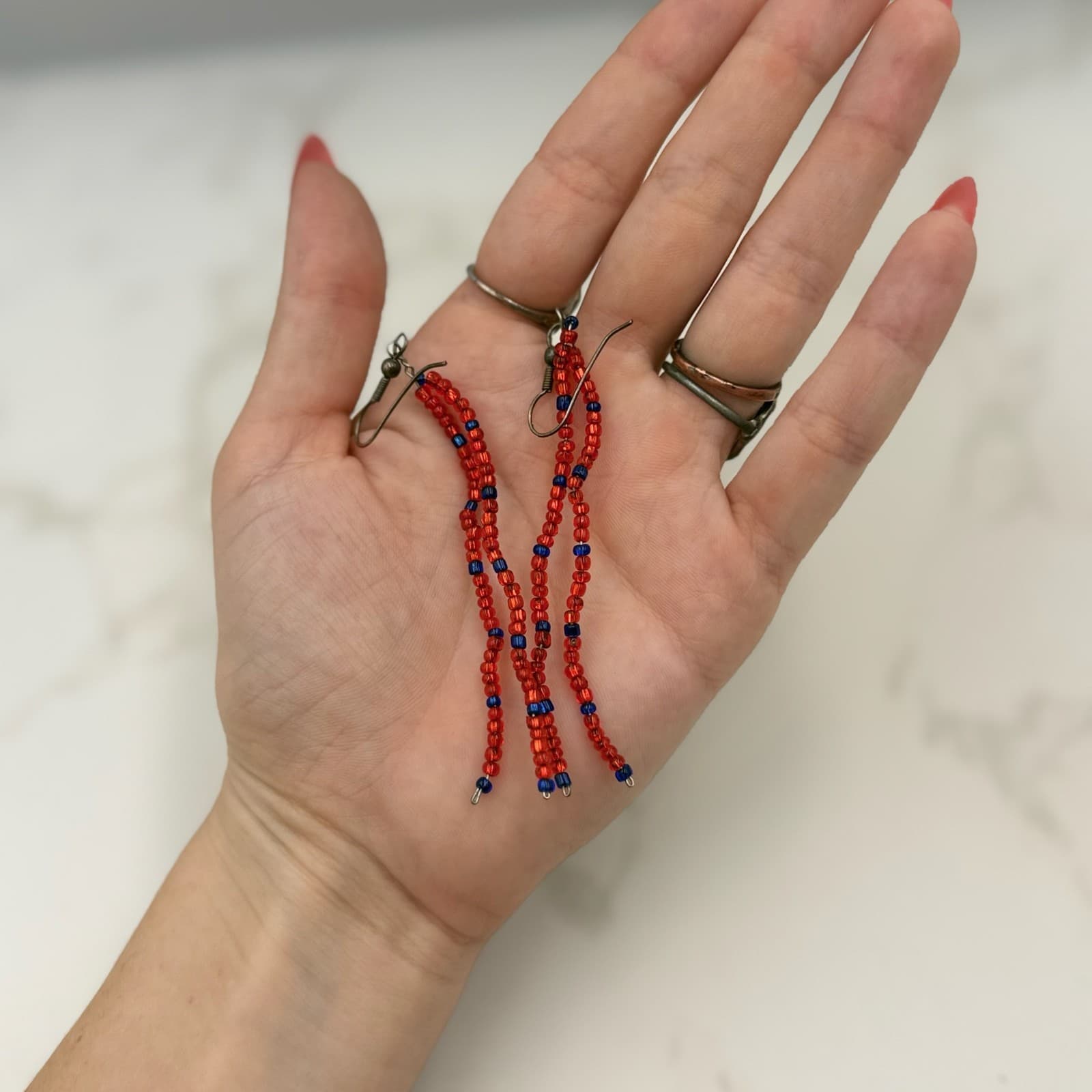 Vintage Womens Red Blue Seed Long Beaded Fashion Jewelry Dangle Earrings - Thumbnail 6