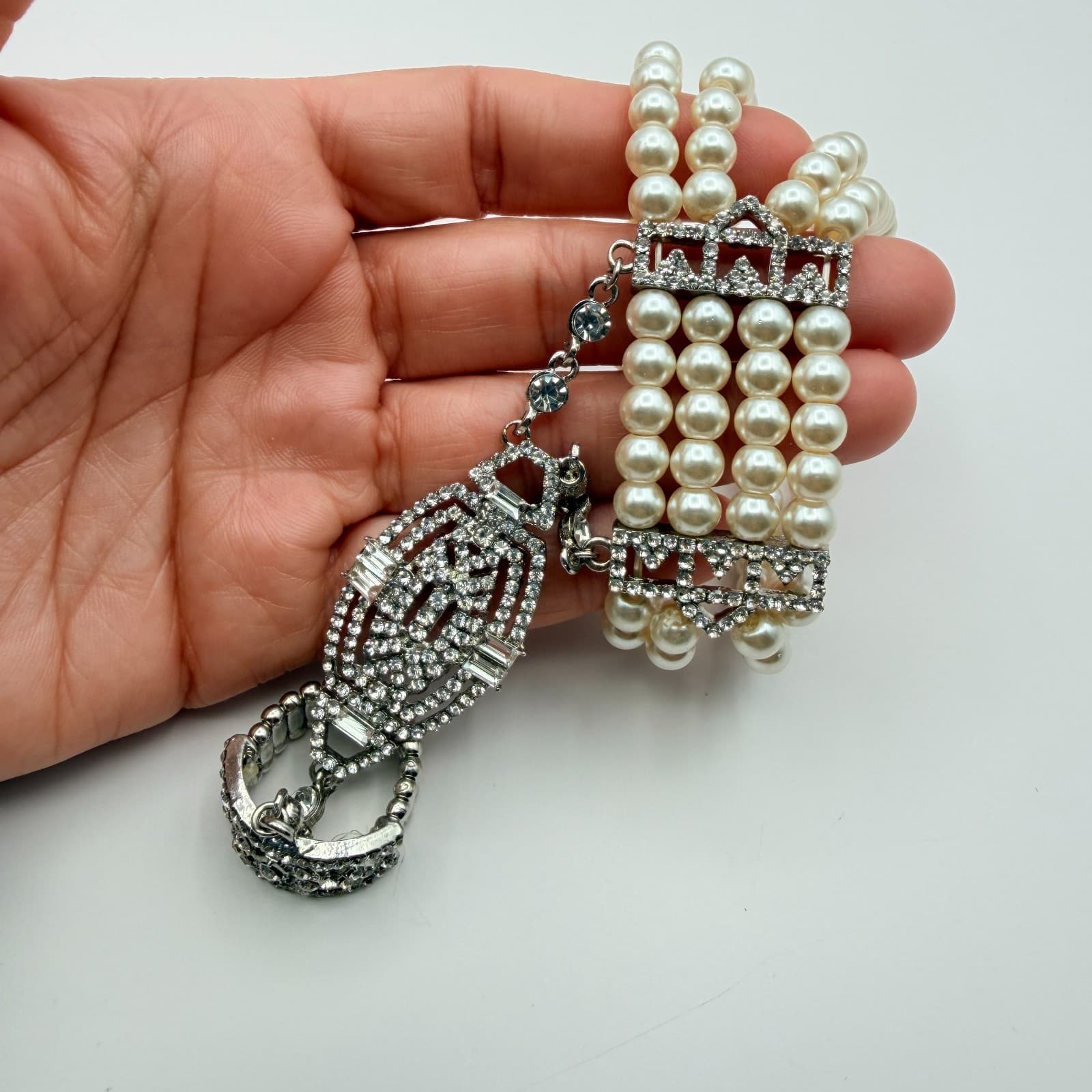 Vintage 50s Style Triple Row Faux Pearl Rhinestone Statement Bracelet Jewelry - Thumbnail 2