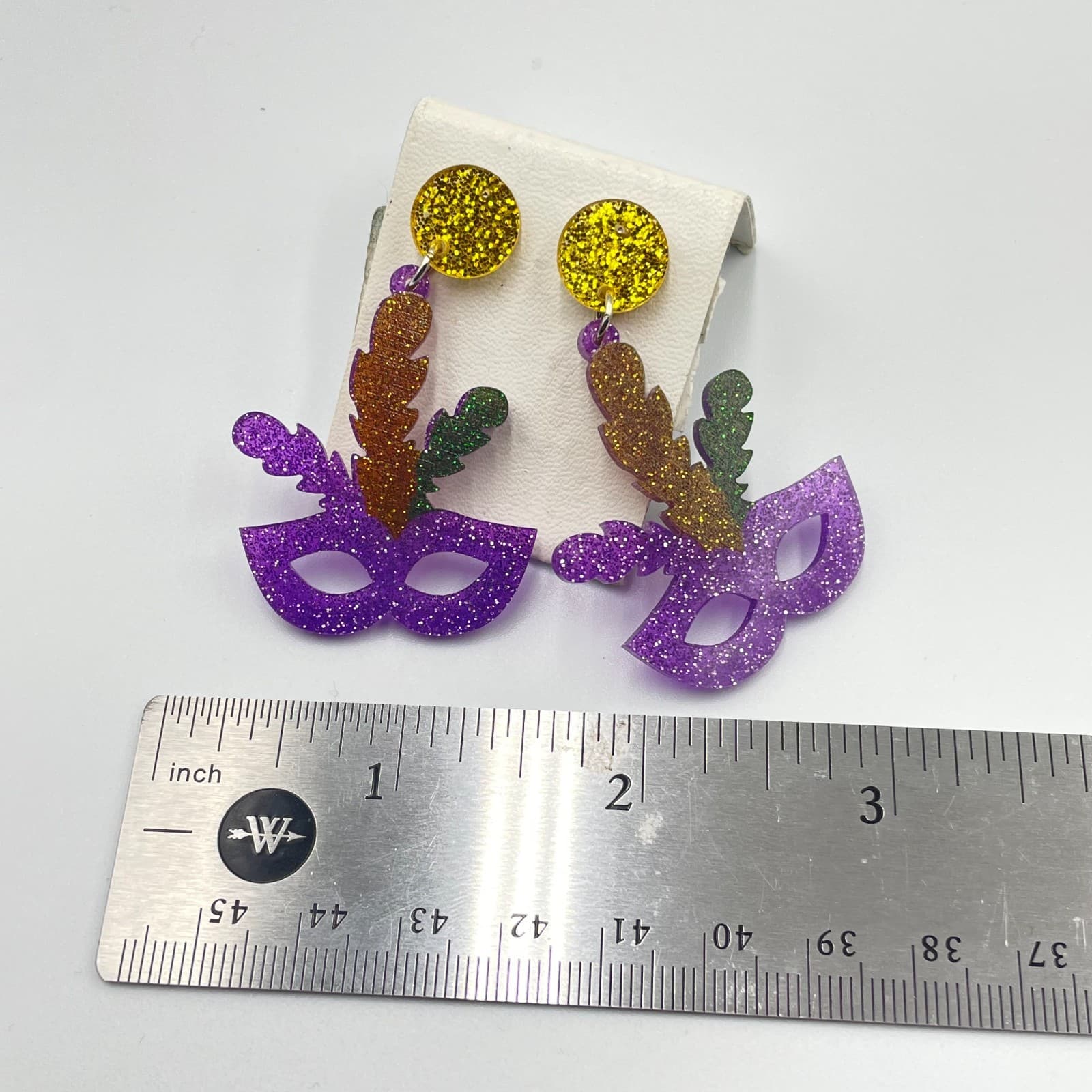 Traditional Mardi Gras Purple Yellow Masquerade Glitter Mask Dangle Earrings - Thumbnail 8