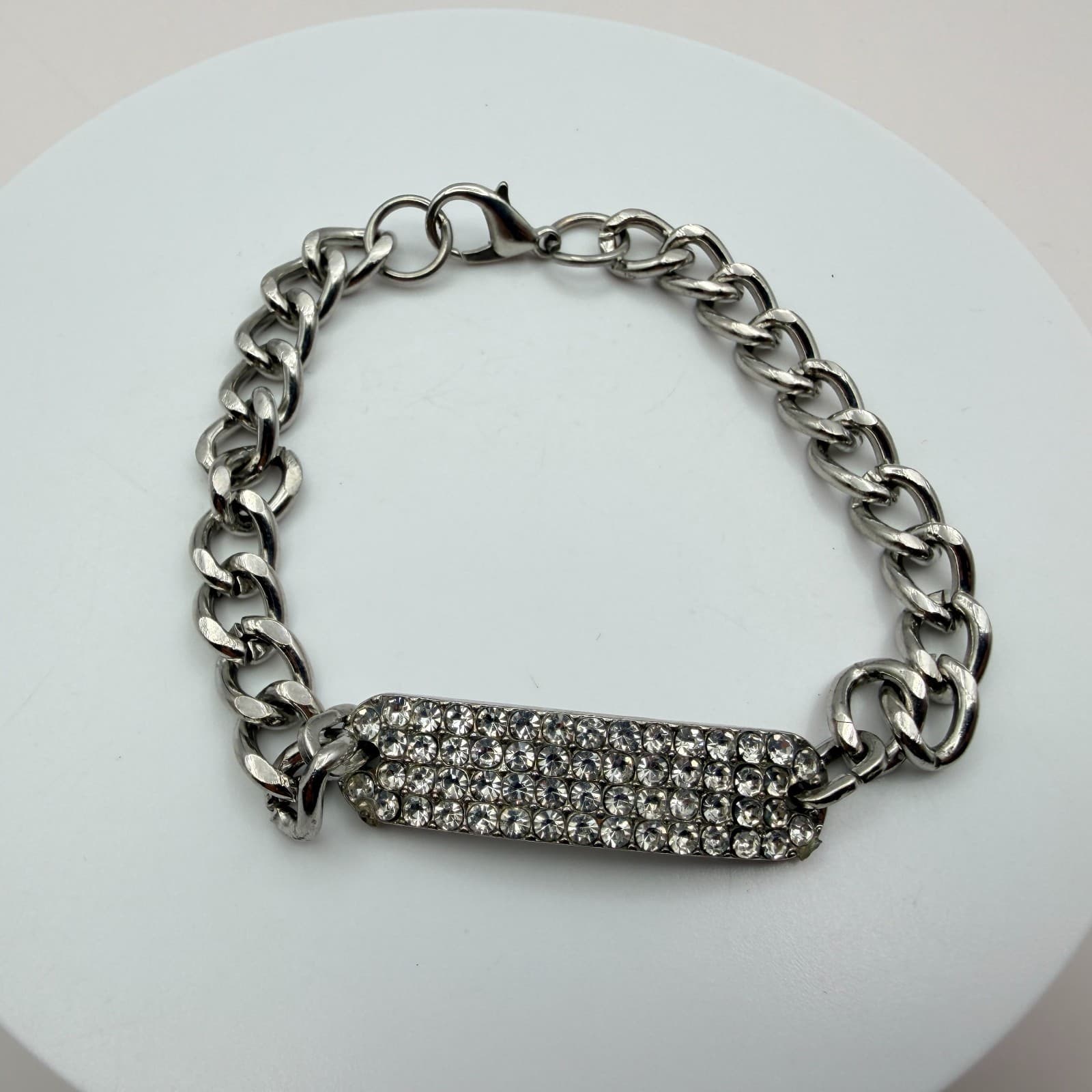 Vintage 90s Silver Tone ID Bar Bracelet Embellishments Adjustable Chain Jewelry - Image 1