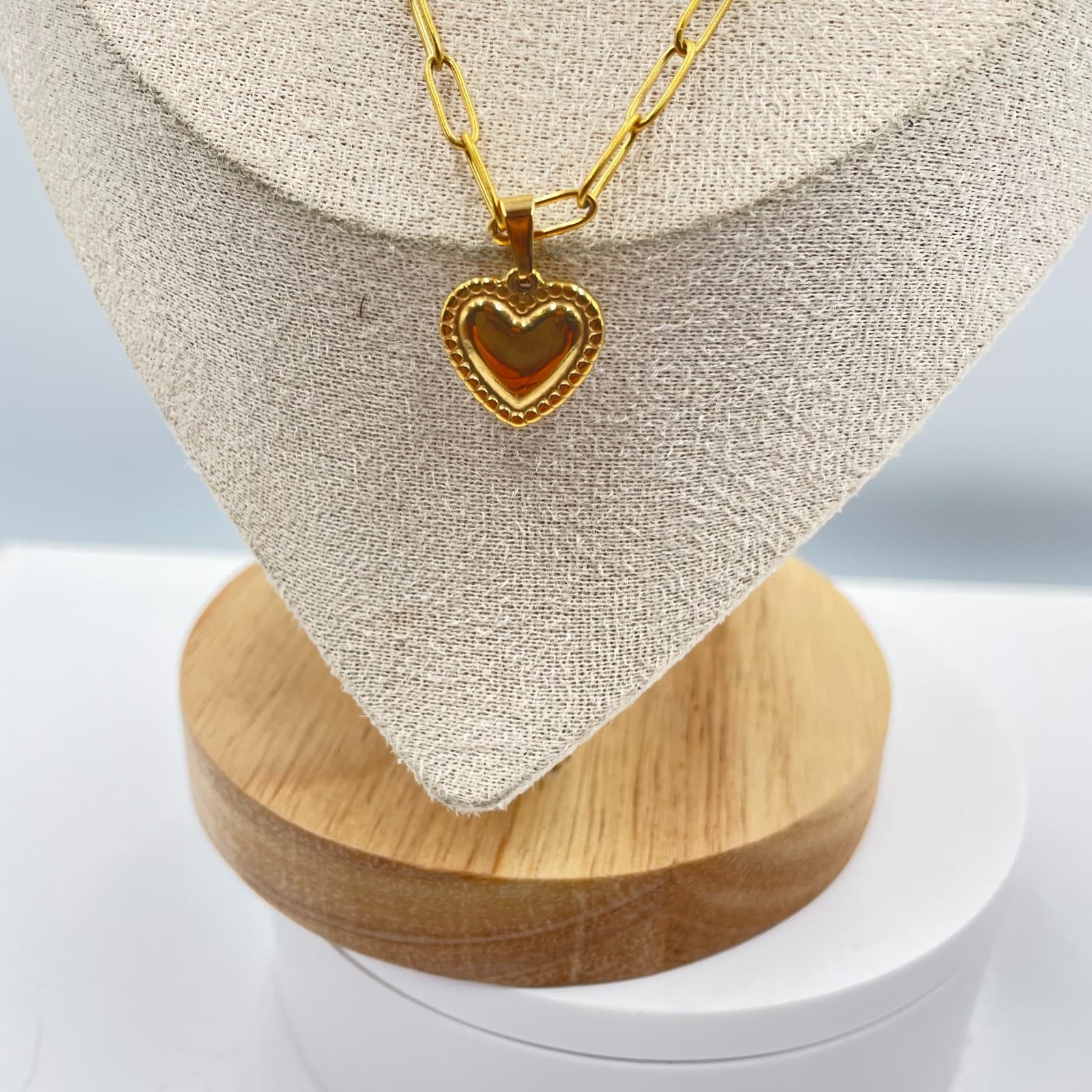 Fashion Gold-Tone Paperclip Chain Metal Puffy Heart Pendant Lobster Necklace - Thumbnail 3