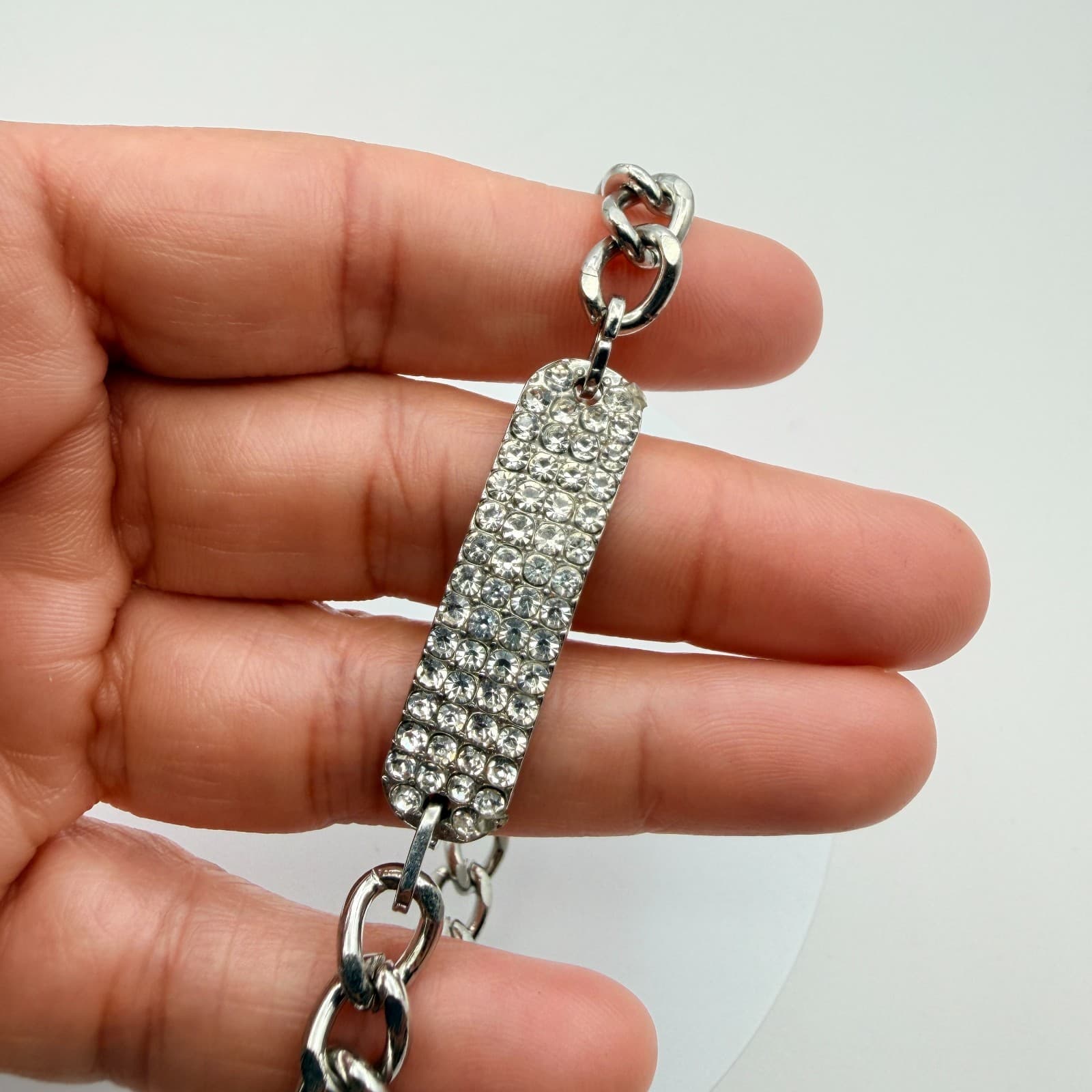 Vintage 90s Silver Tone ID Bar Bracelet Embellishments Adjustable Chain Jewelry - Thumbnail 2