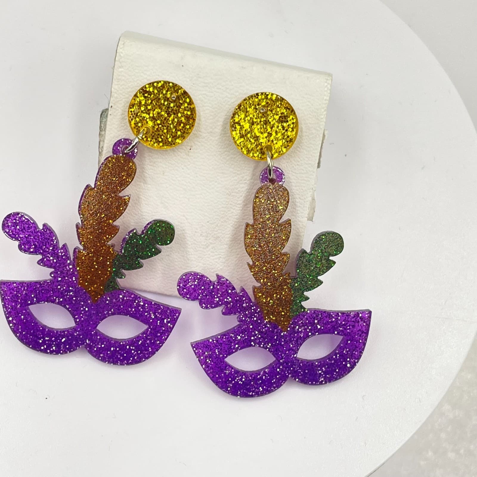 Traditional Mardi Gras Purple Yellow Masquerade Glitter Mask Dangle Earrings - Thumbnail 3
