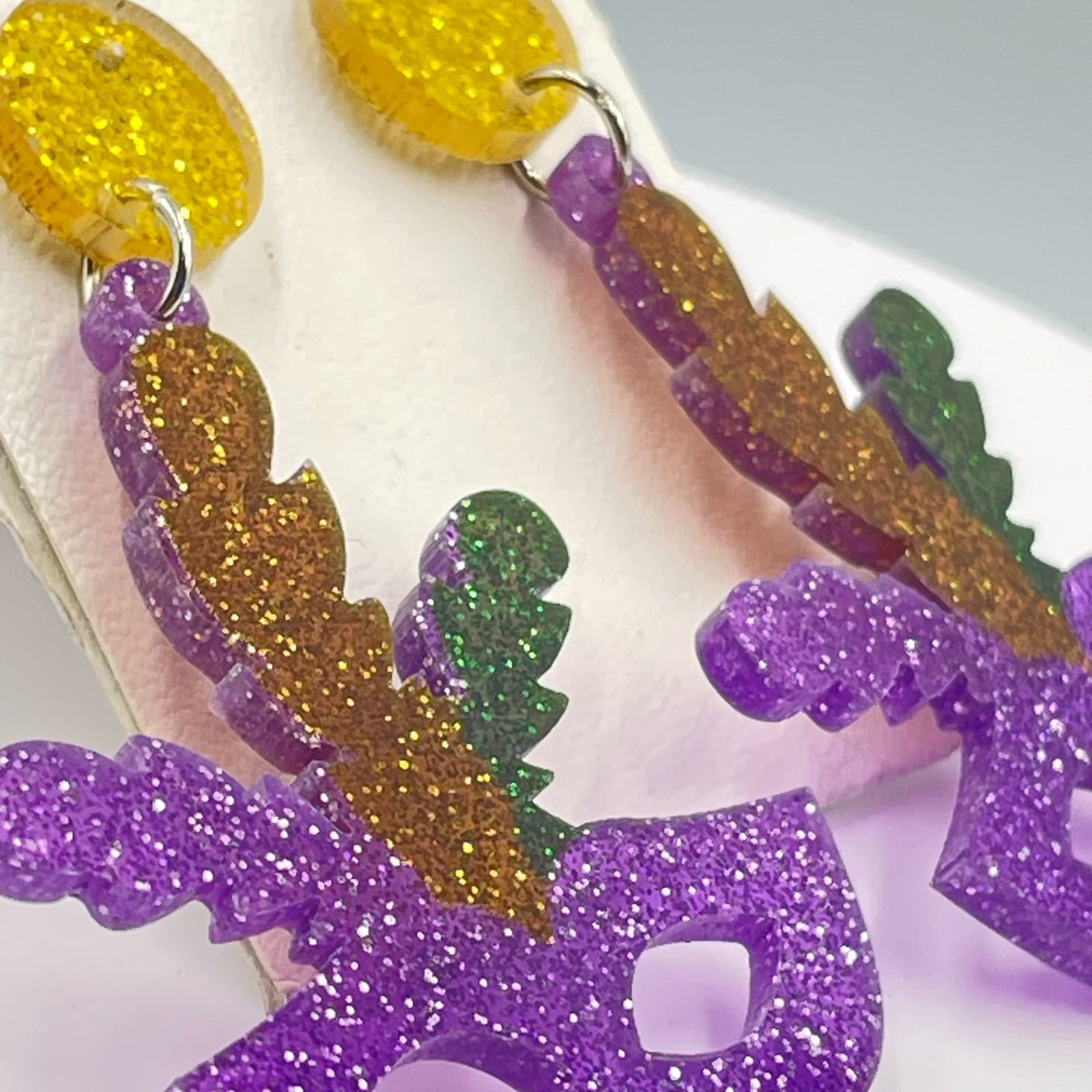 Traditional Mardi Gras Purple Yellow Masquerade Glitter Mask Dangle Earrings - Thumbnail 7