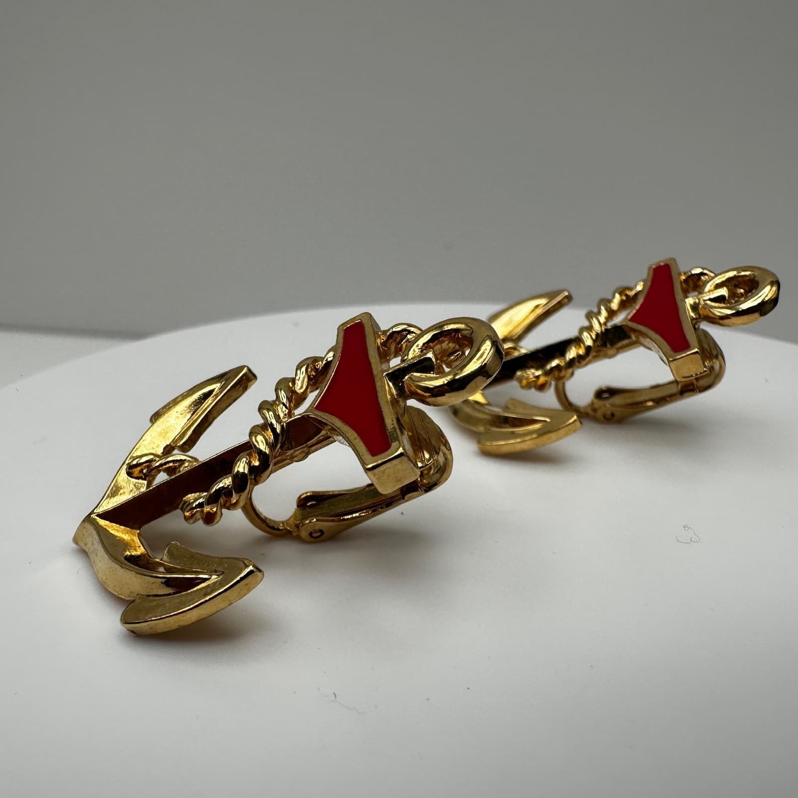 Vintage 90s Avon Anchors Aweigh Red Enamel Nautical Clip-On Earrings Jewelry - Thumbnail 4
