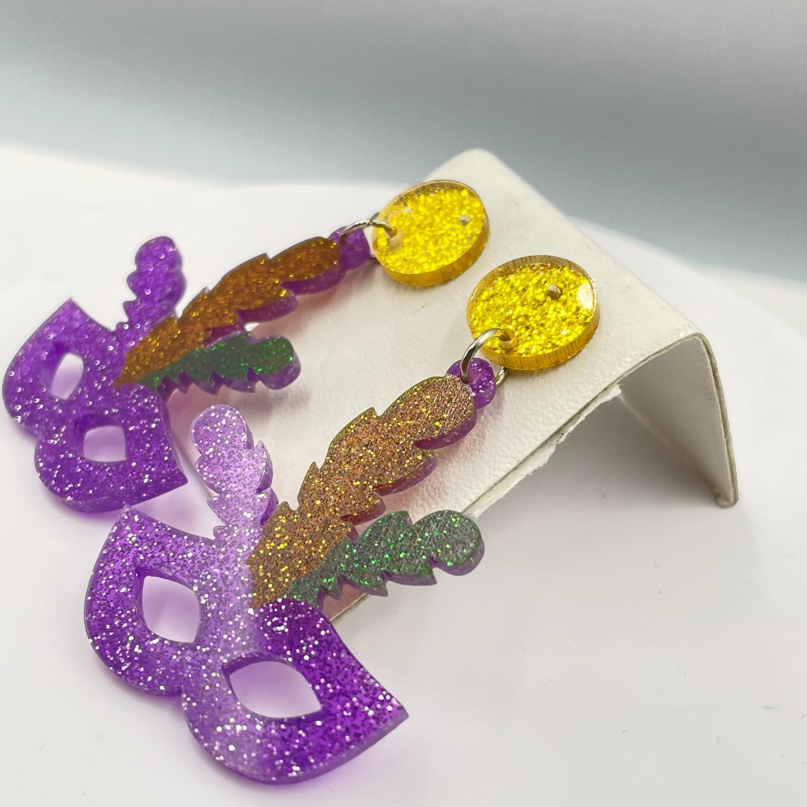 Traditional Mardi Gras Purple Yellow Masquerade Glitter Mask Dangle Earrings - Thumbnail 2