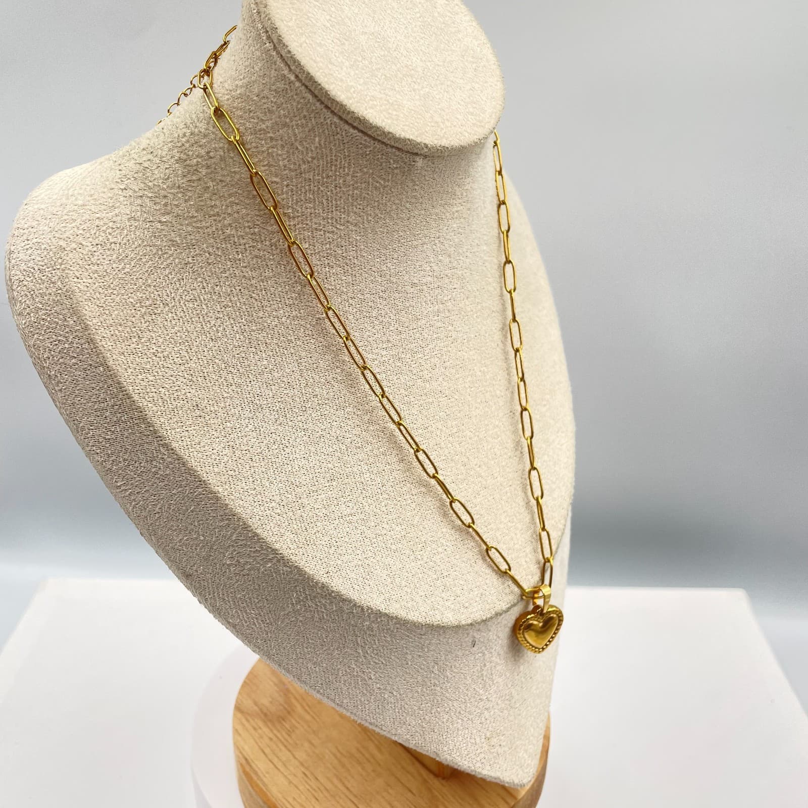 Fashion Gold-Tone Paperclip Chain Metal Puffy Heart Pendant Lobster Necklace - Thumbnail 5