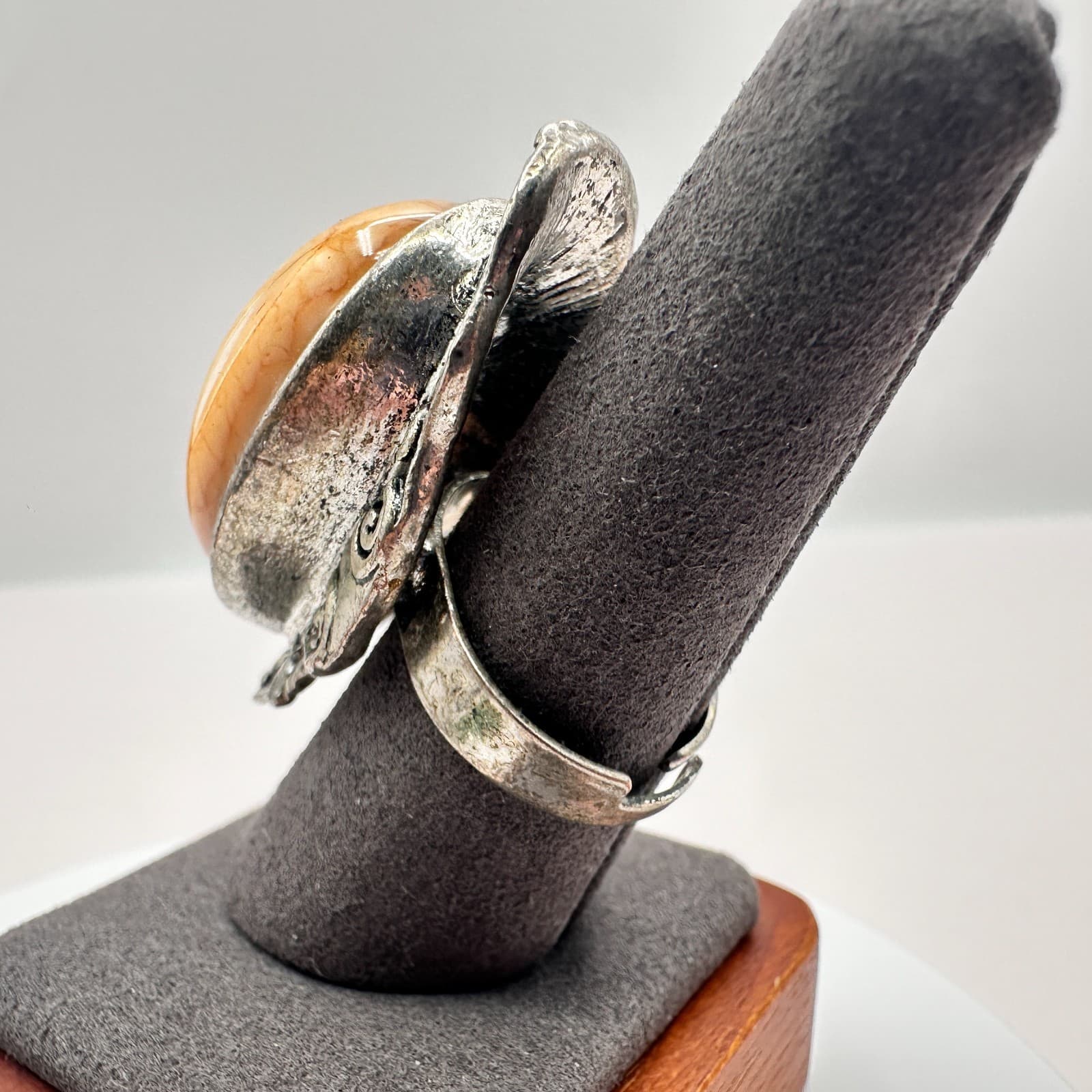 Vintage 80s Yellow Agate Silver Tone Statement Ring Oval Cabochon Bezel Jewelry - Thumbnail 5