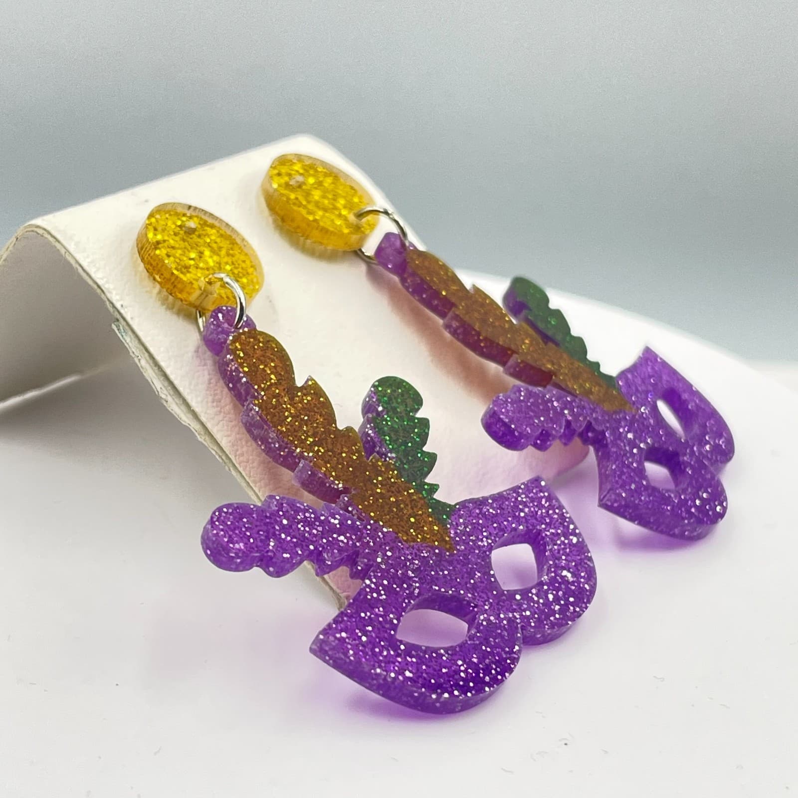 Traditional Mardi Gras Purple Yellow Masquerade Glitter Mask Dangle Earrings - Thumbnail 6