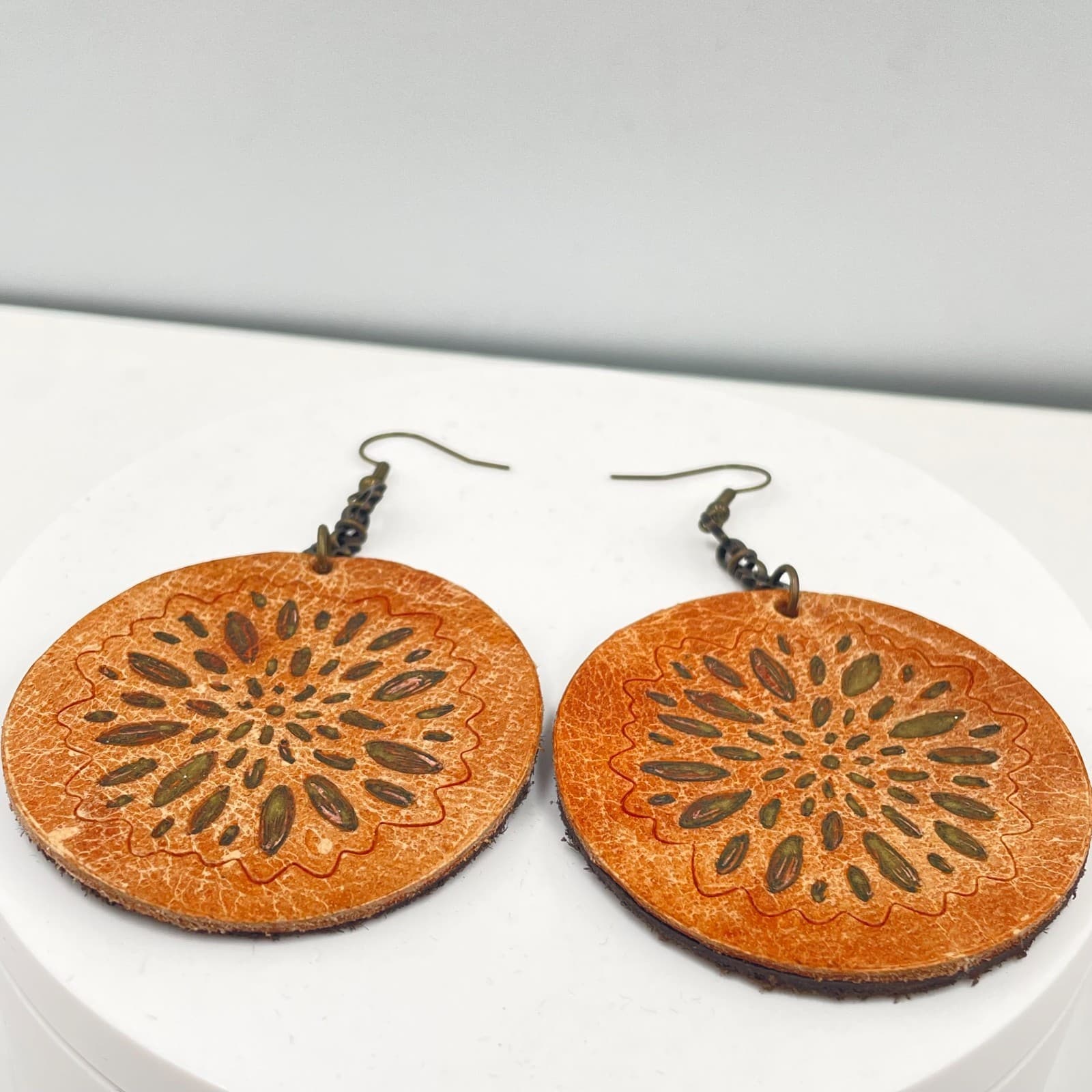 Boho-Chic Bronze-Tone Brown Hand-Dyed Leather Mandala Dangle French Hook Earring - Thumbnail 2