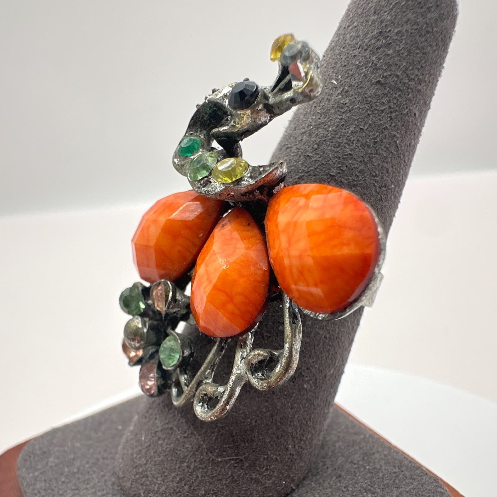 Vintage 80s Silver Tone Coral Glass Rhinestone Floral Cocktail Ring Jewelry - Thumbnail 4