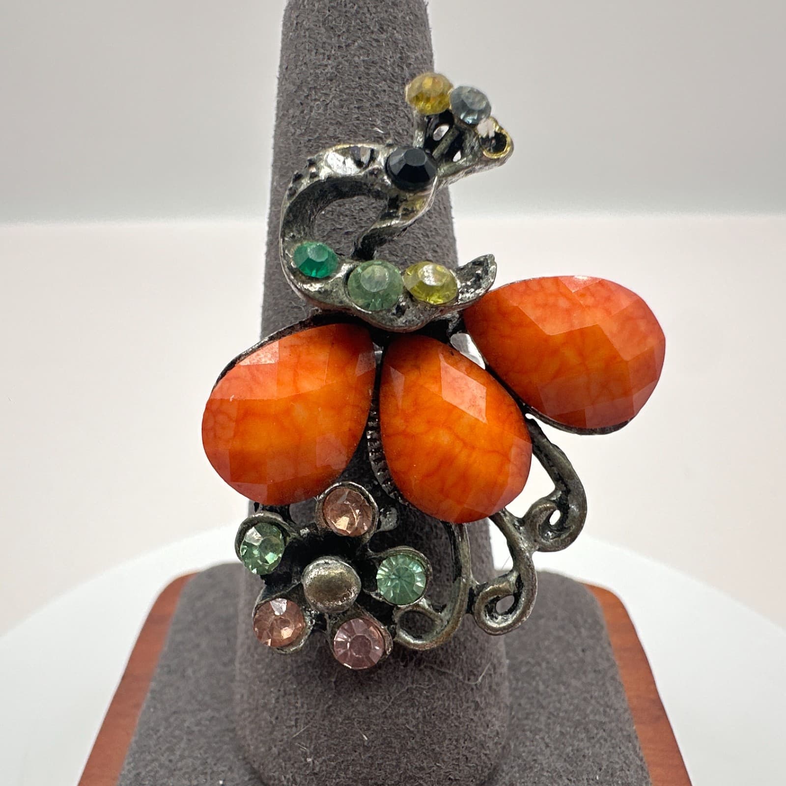 Vintage 80s Silver Tone Coral Glass Rhinestone Floral Cocktail Ring Jewelry - Thumbnail 2