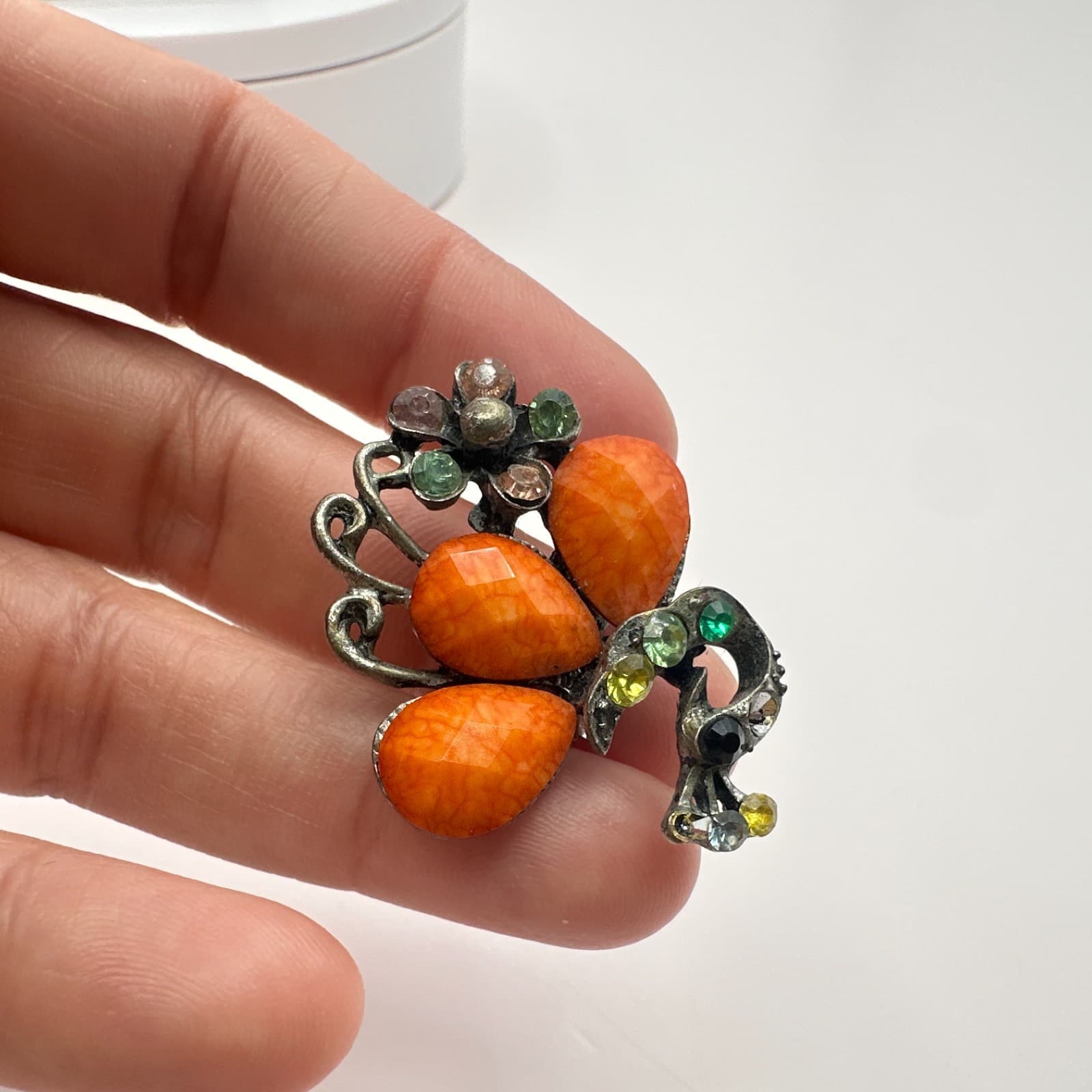 Vintage 80s Silver Tone Coral Glass Rhinestone Floral Cocktail Ring Jewelry - Thumbnail 7