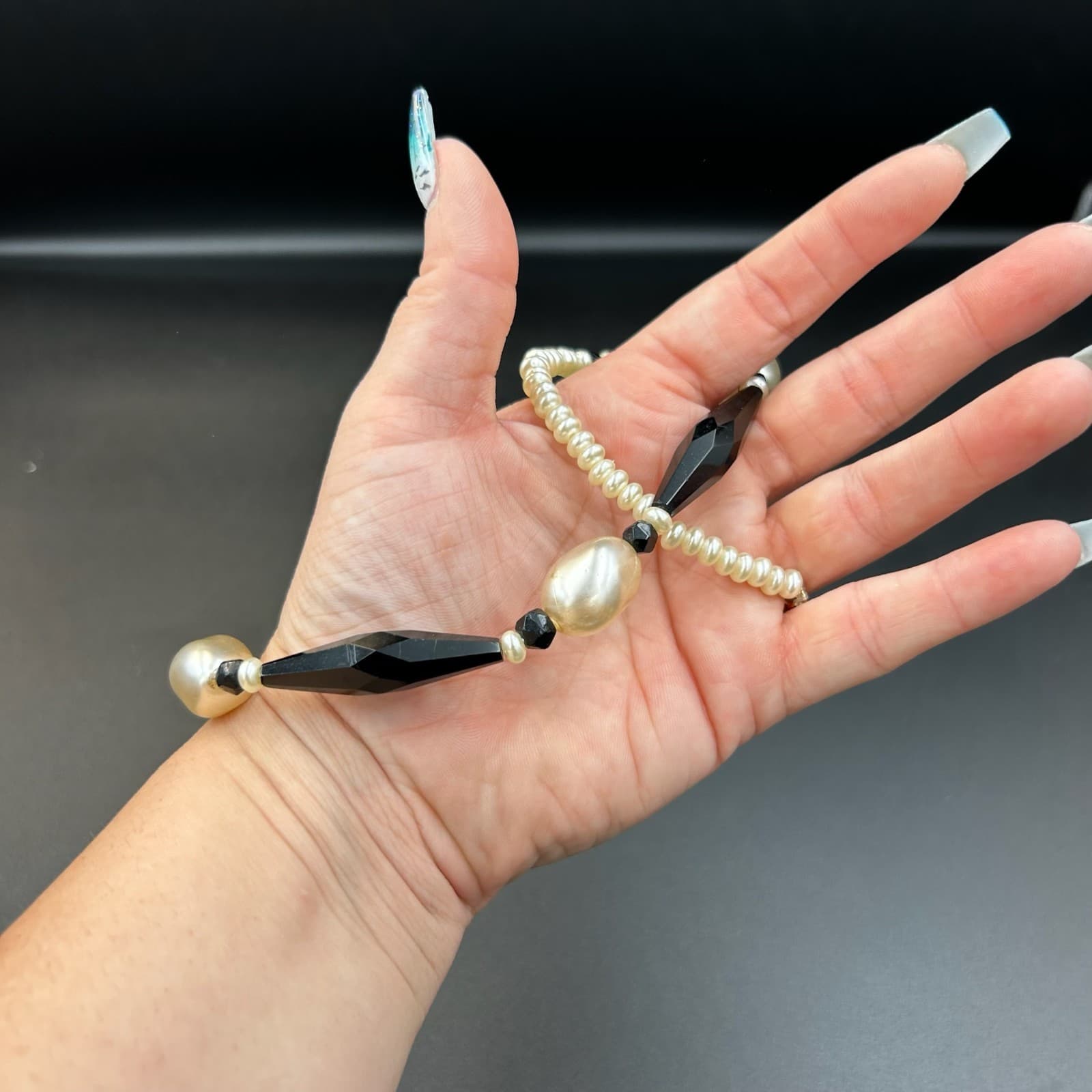 Vintage Black Agate and White Cultured Pearl Beaded Necklace Fashion 19'' - Thumbnail 5