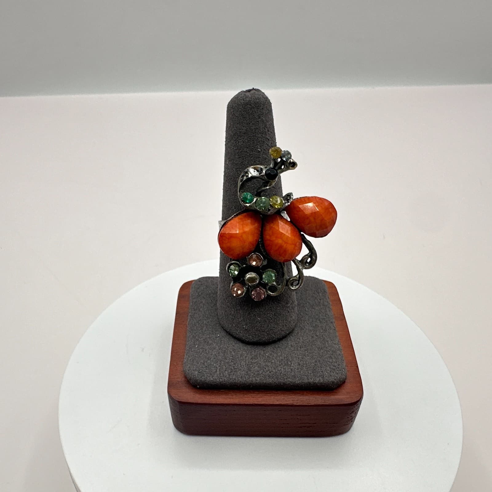 Vintage 80s Silver Tone Coral Glass Rhinestone Floral Cocktail Ring Jewelry - Thumbnail 6