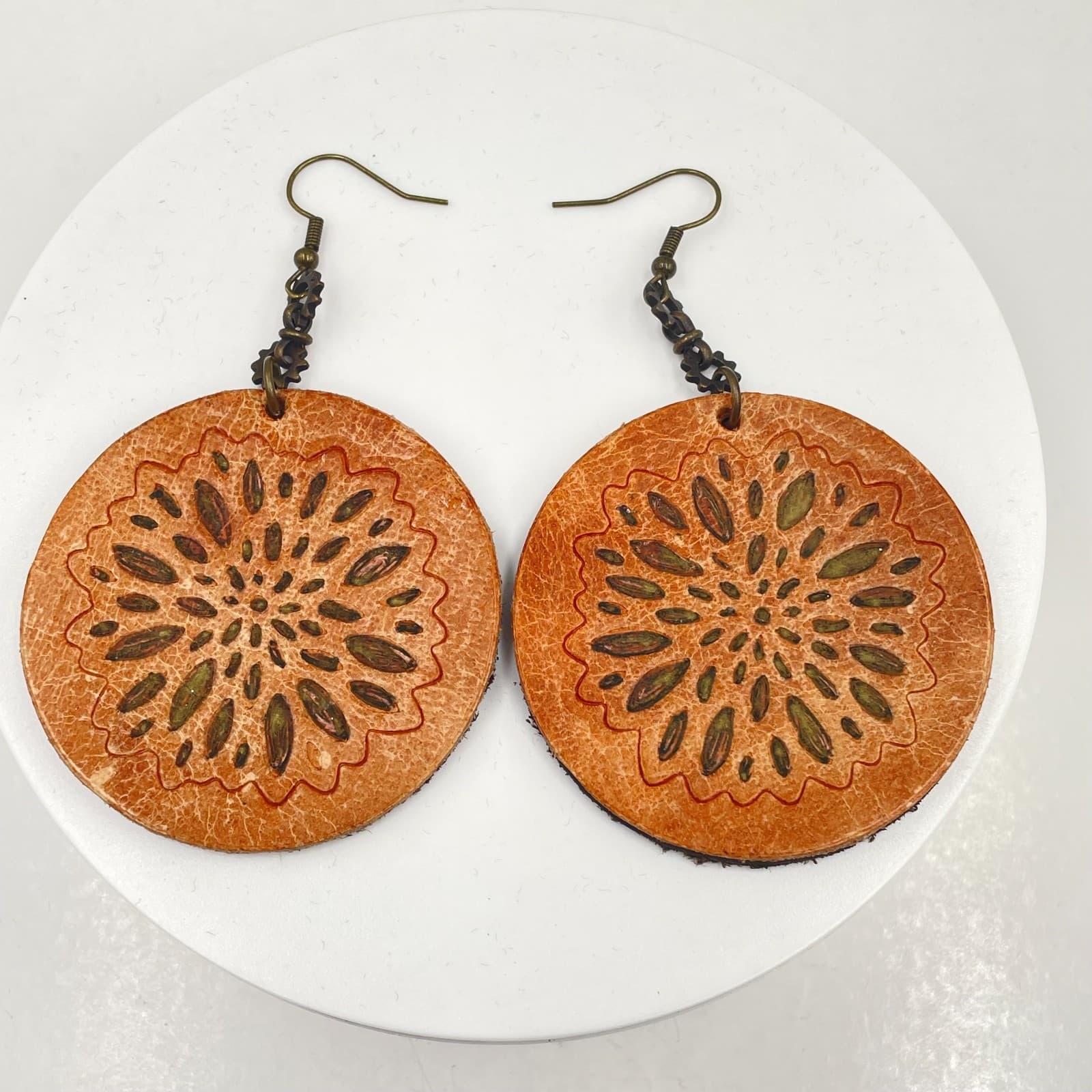 Boho-Chic Bronze-Tone Brown Hand-Dyed Leather Mandala Dangle French Hook Earring - Image 1