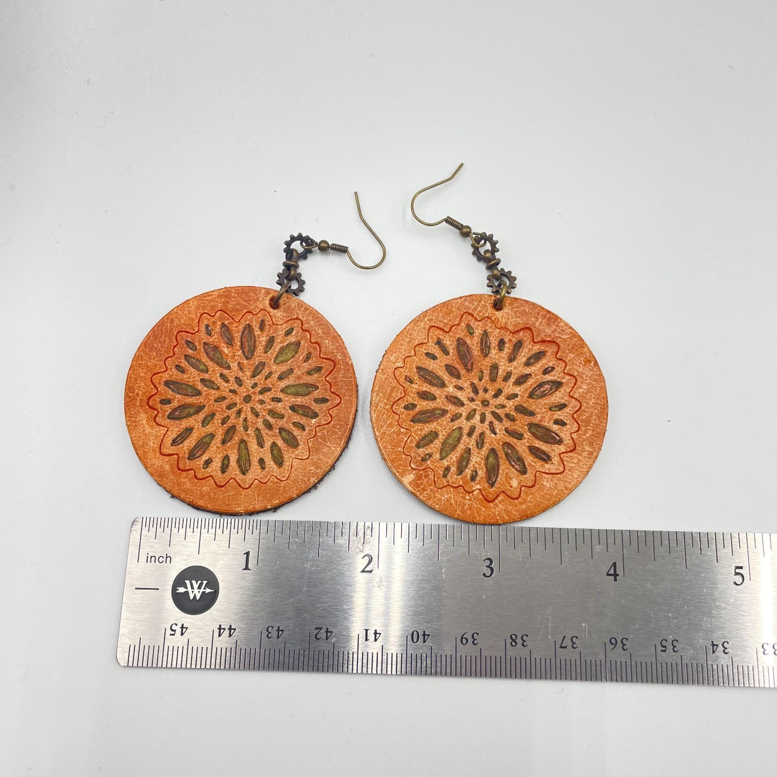 Boho-Chic Bronze-Tone Brown Hand-Dyed Leather Mandala Dangle French Hook Earring - Thumbnail 7