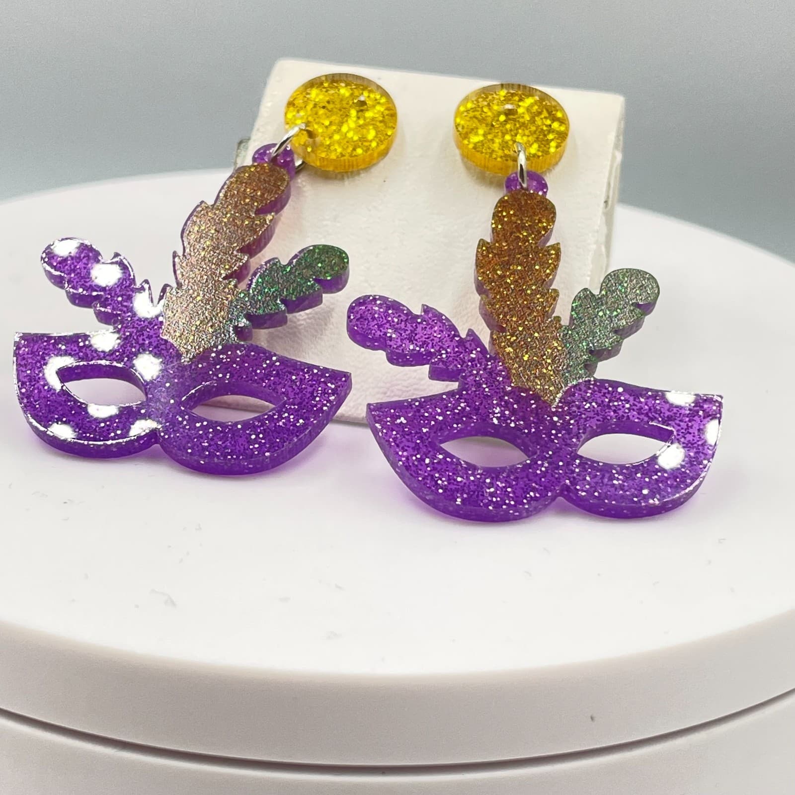 Traditional Mardi Gras Purple Yellow Masquerade Glitter Mask Dangle Earrings - Thumbnail 4