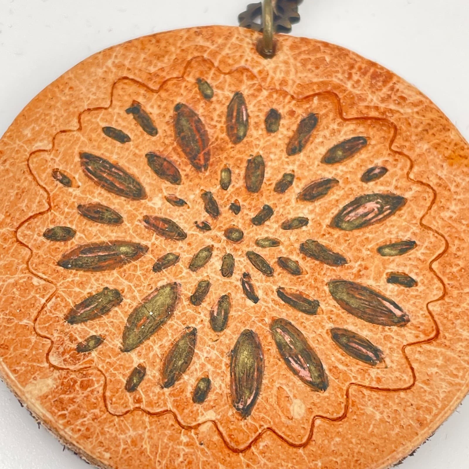 Boho-Chic Bronze-Tone Brown Hand-Dyed Leather Mandala Dangle French Hook Earring - Thumbnail 3