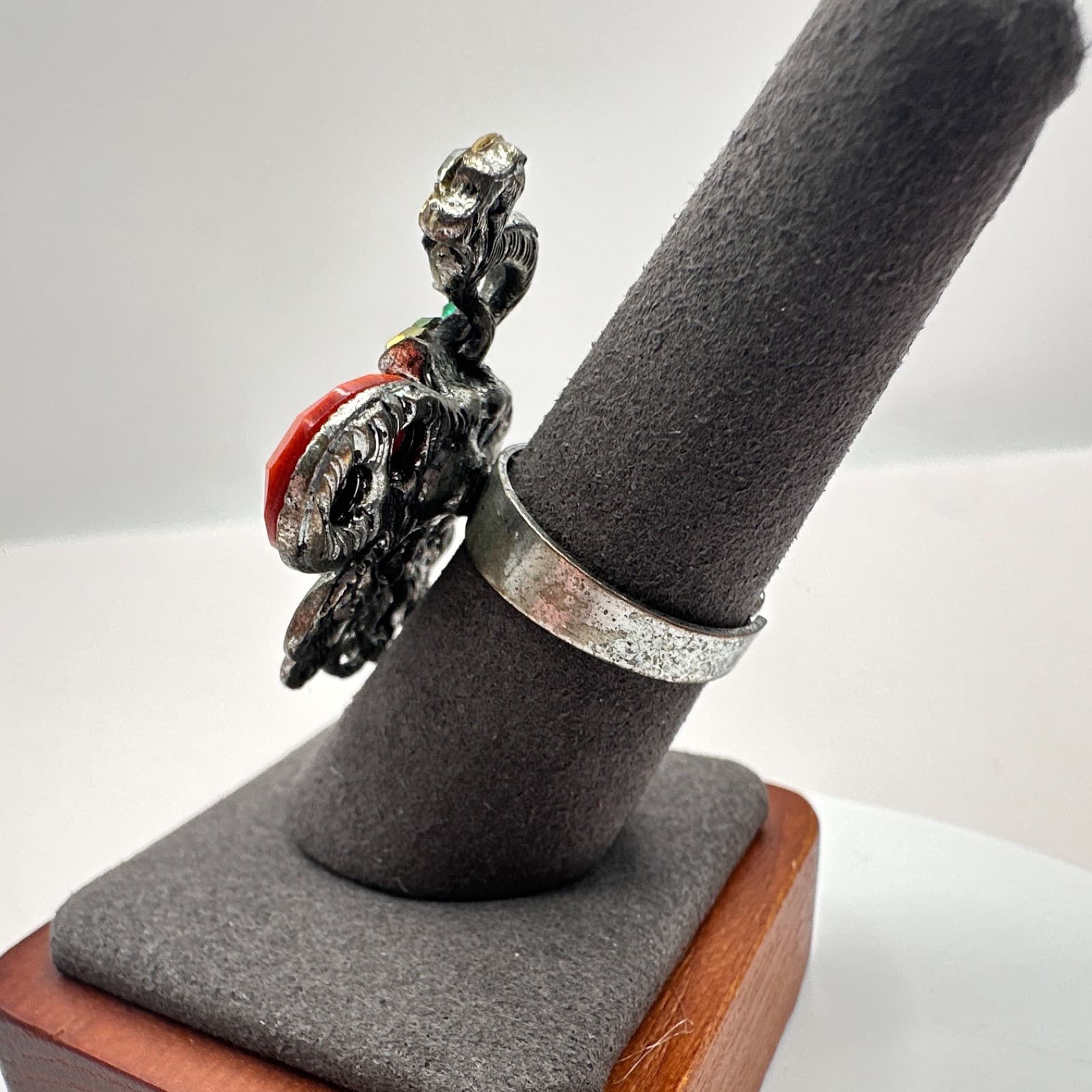 Vintage 80s Silver Tone Coral Glass Rhinestone Floral Cocktail Ring Jewelry - Thumbnail 5