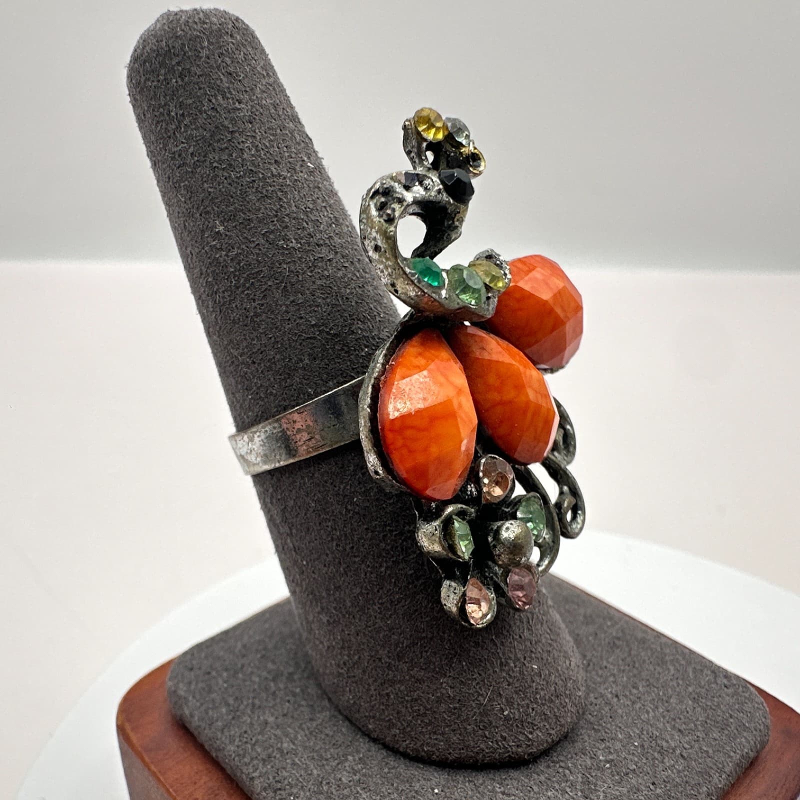 Vintage 80s Silver Tone Coral Glass Rhinestone Floral Cocktail Ring Jewelry - Thumbnail 3