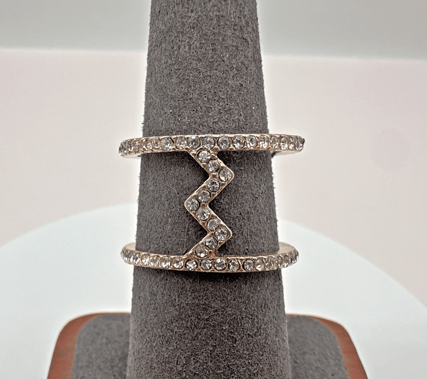 Vintage 80s Clear Rhinestone Zig Zag Double Shank Statement Ring Classic Jewelry - Image 1