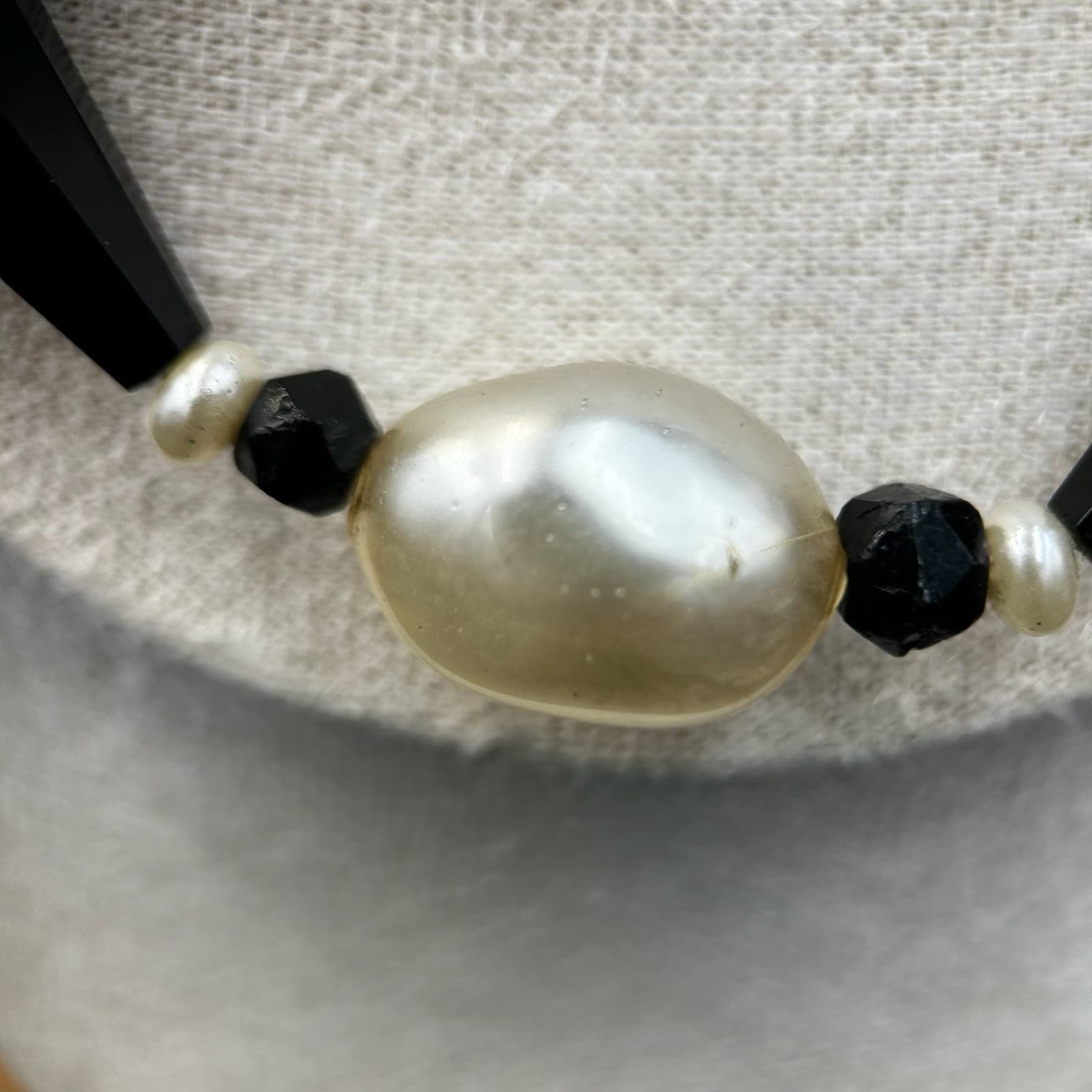 Vintage Black Agate and White Cultured Pearl Beaded Necklace Fashion 19'' - Thumbnail 2